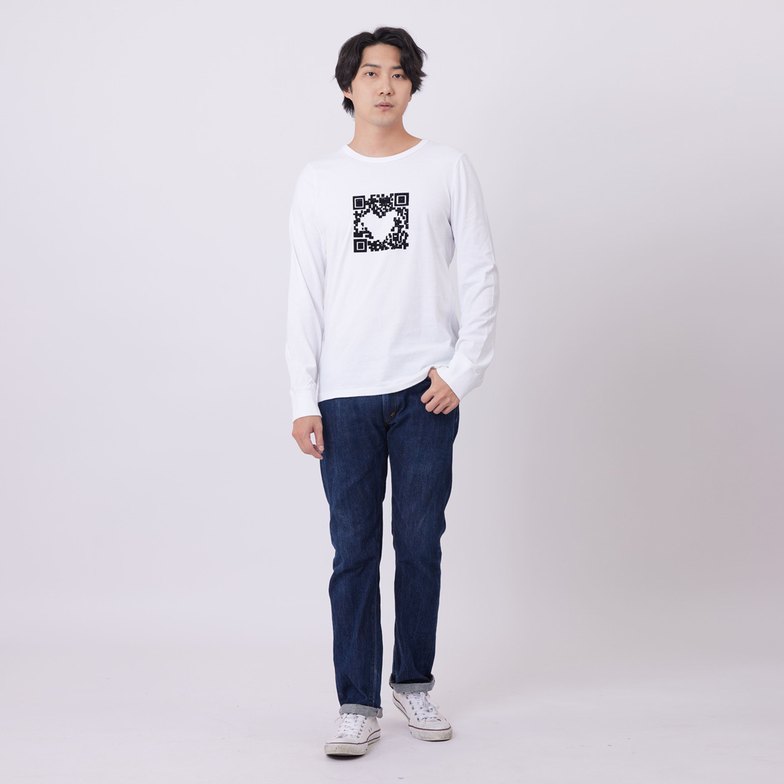 愛維條碼 長袖 蜜桃棉 男T 戀人白