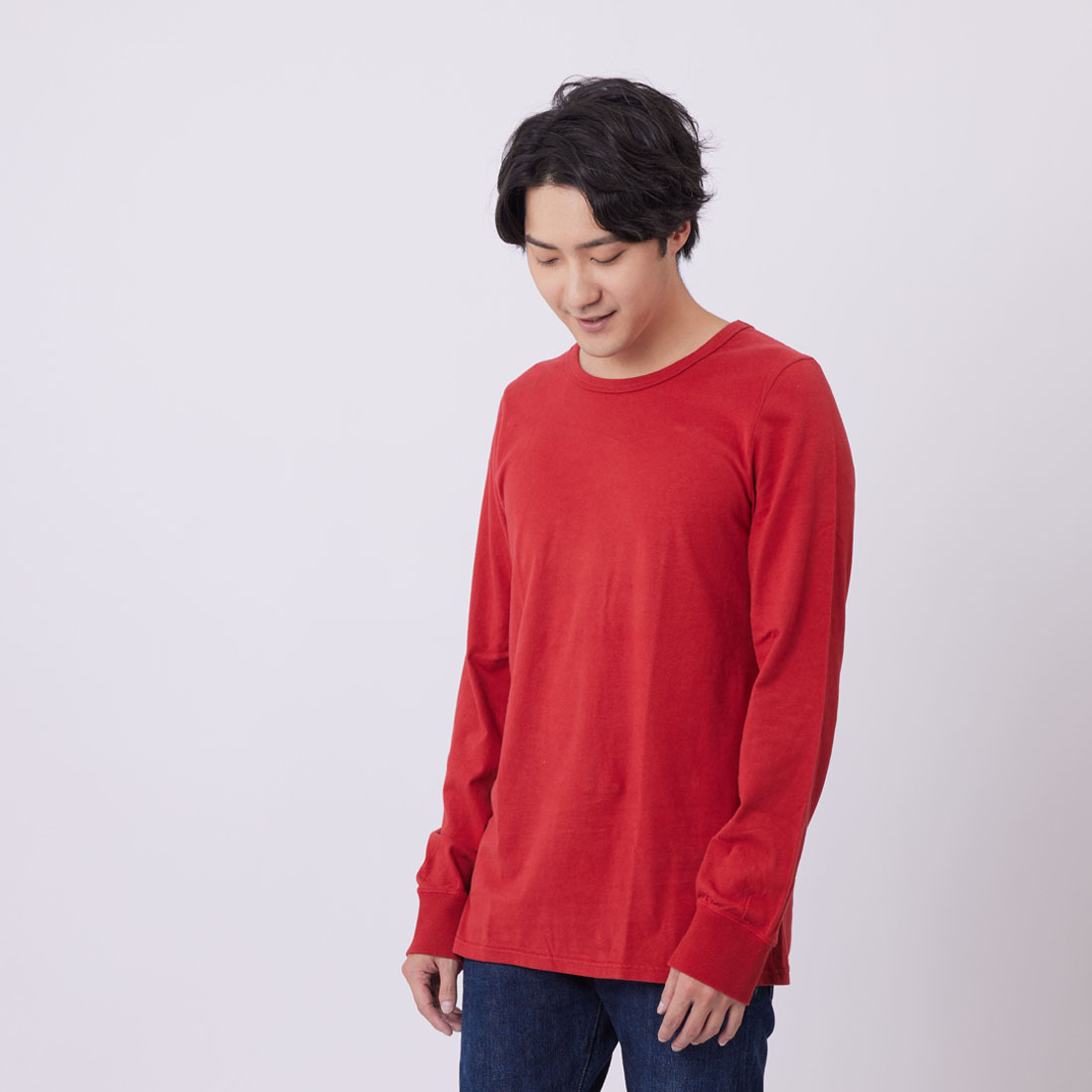 素面 圓領 長袖 蜜桃棉 男T 酒紅
