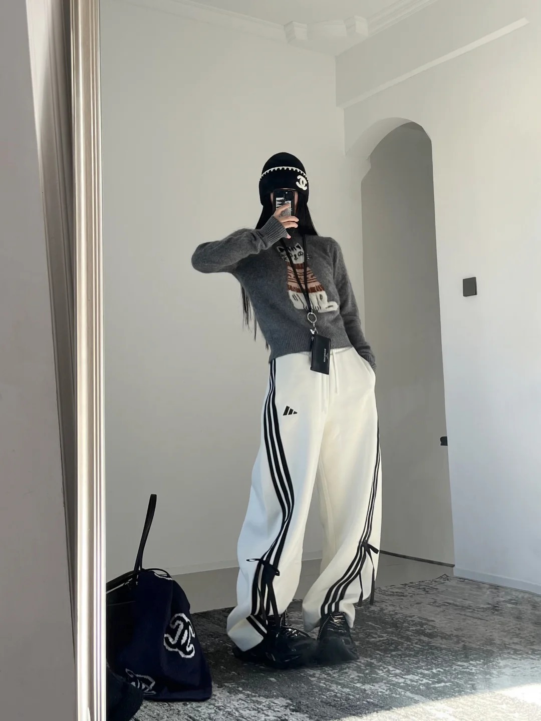 ADIDAS 條紋 蝴蝶結 寬褲 長褲 白 黑 KG3857/KG3855