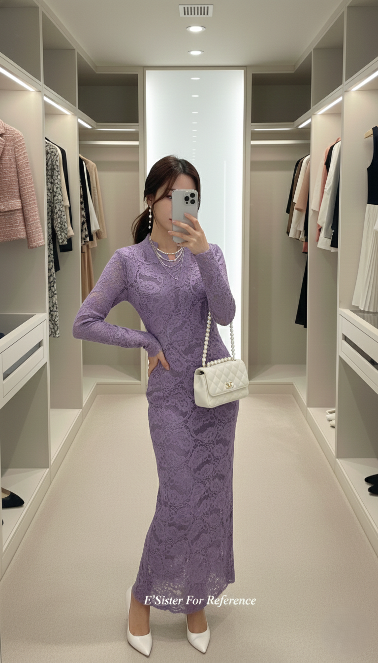 日系浪漫紫羅蘭馬海毛蕾絲綁帶長洋裝 C81