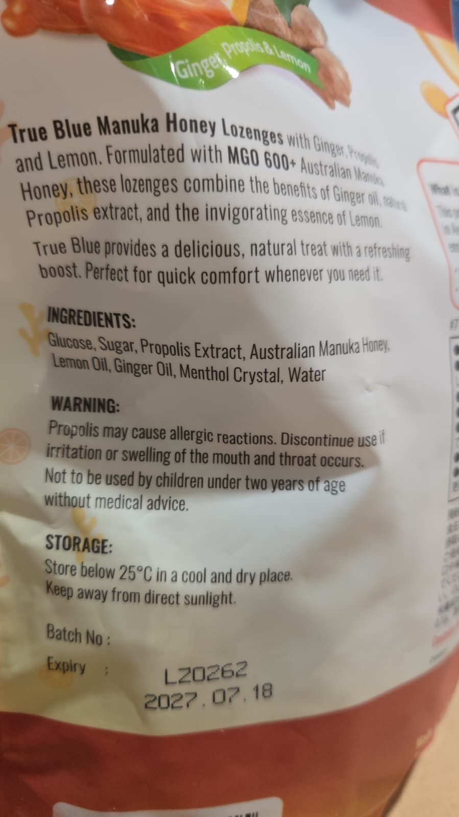 SS017 TRUE BLUE麥盧卡蜜糖檸檬薑味喉糖600G exp: 2027.07