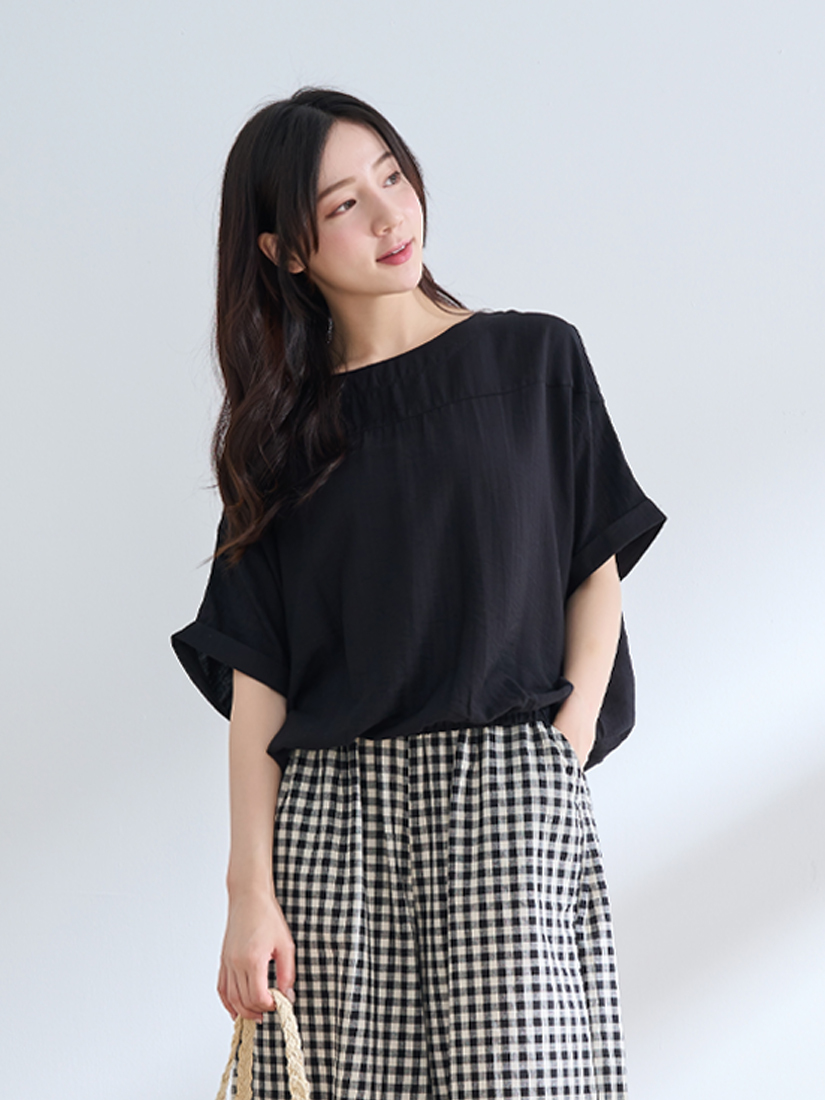 簡約微光澤下擺縮口連袖上衣