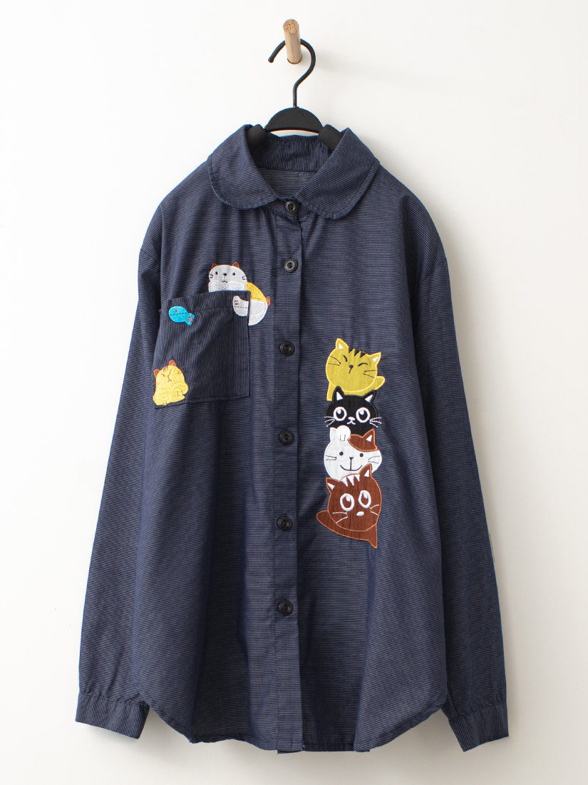 童趣貓咪棉質條紋長袖襯衫
