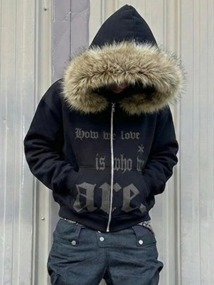 毛毛帽英文字拉鍊外套 TAC-0378JK