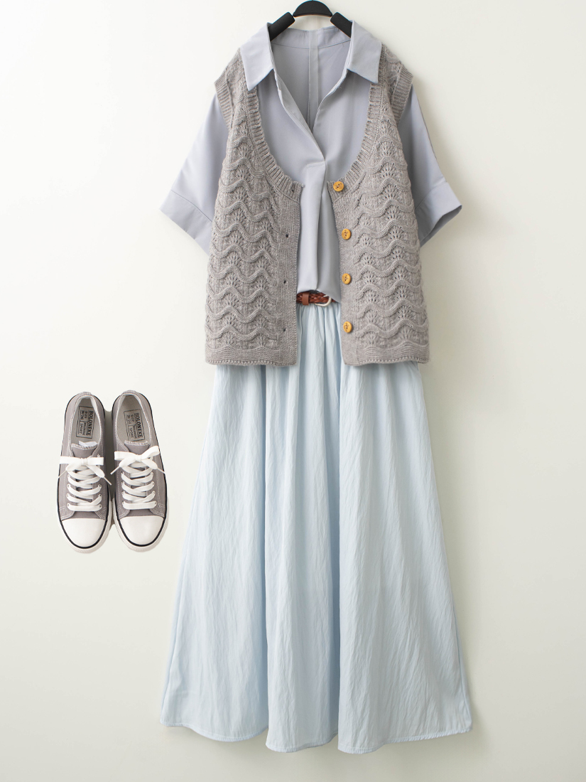 木釦簍空背心開襟連袖上衣質感A字裙組合