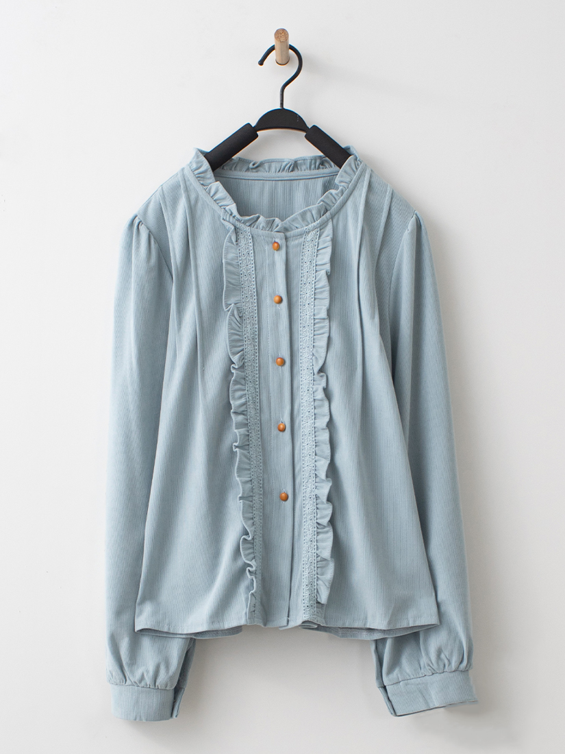 輕甜荷葉壓褶蕾絲織帶條絨上衣