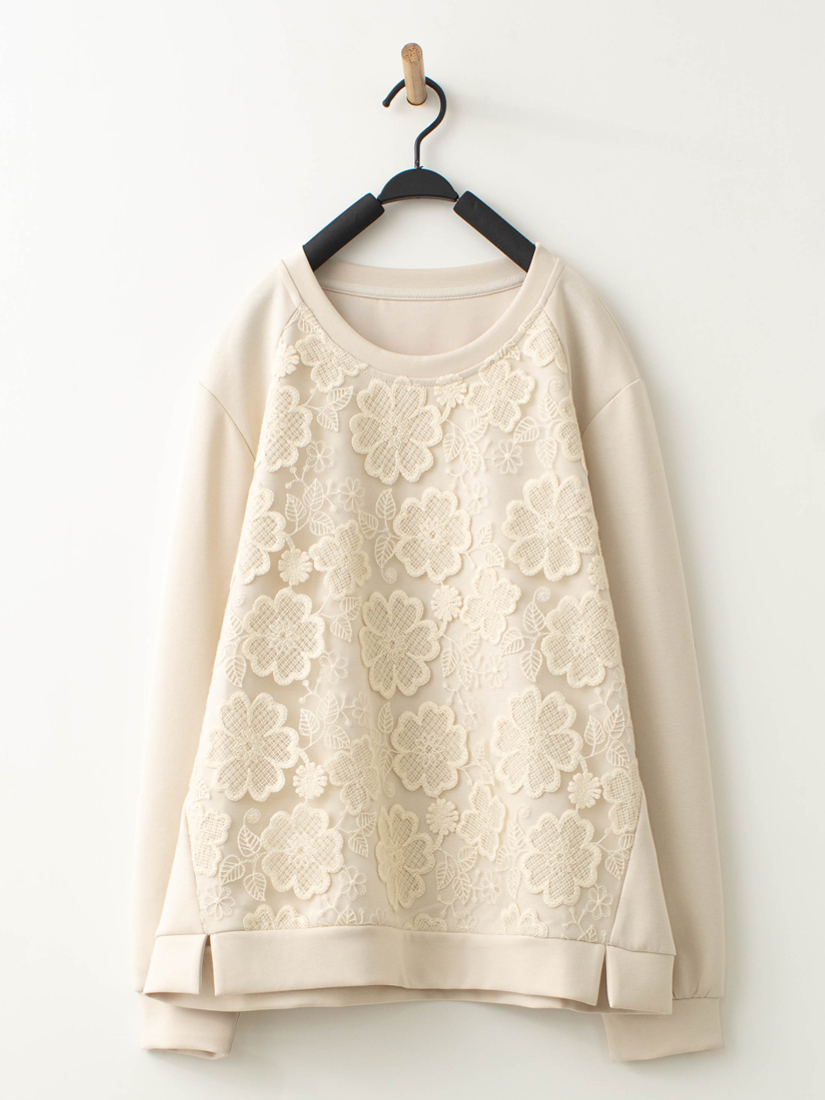 剪接蕾絲下擺開衩空氣棉長袖上衣