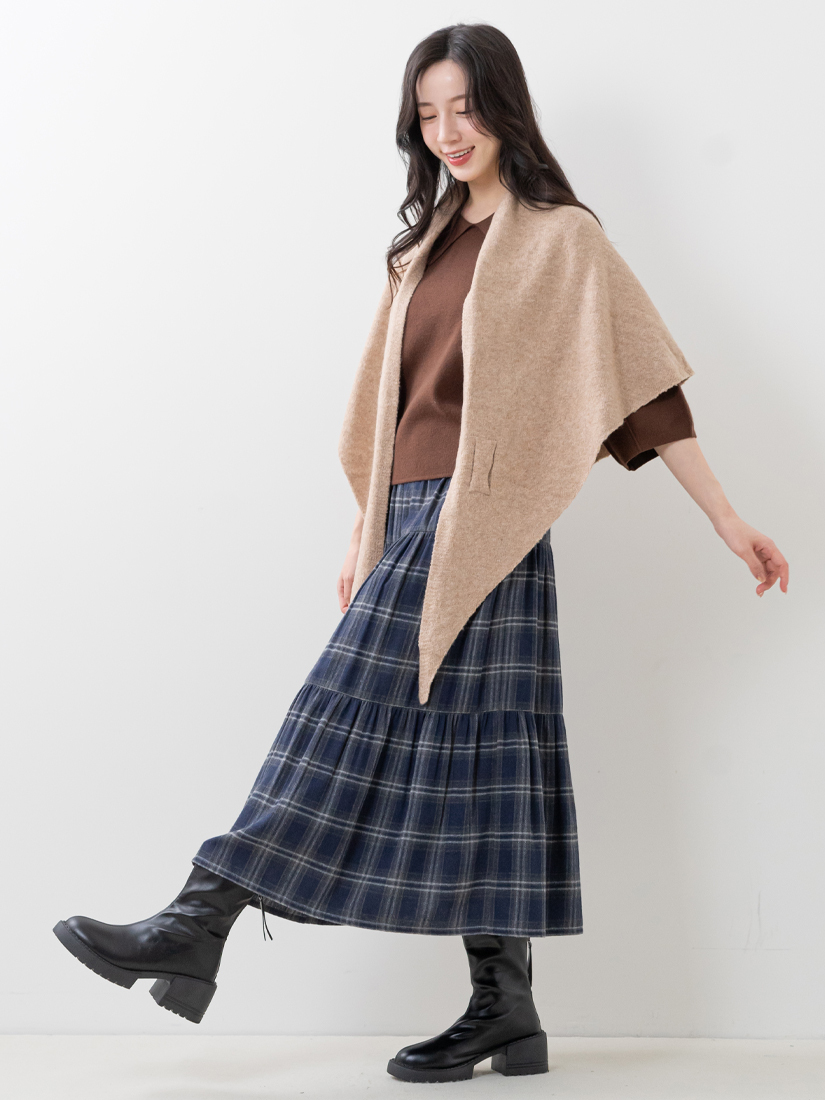 領片蓬袖針織上衣格紋法蘭絨蛋糕裙組合