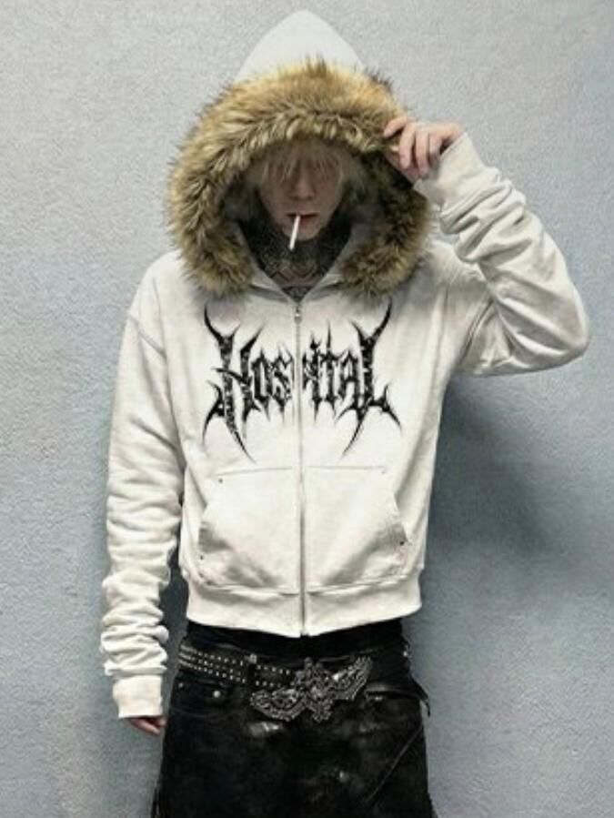 毛毛帽英文字拉鍊外套 TAC-0387JK