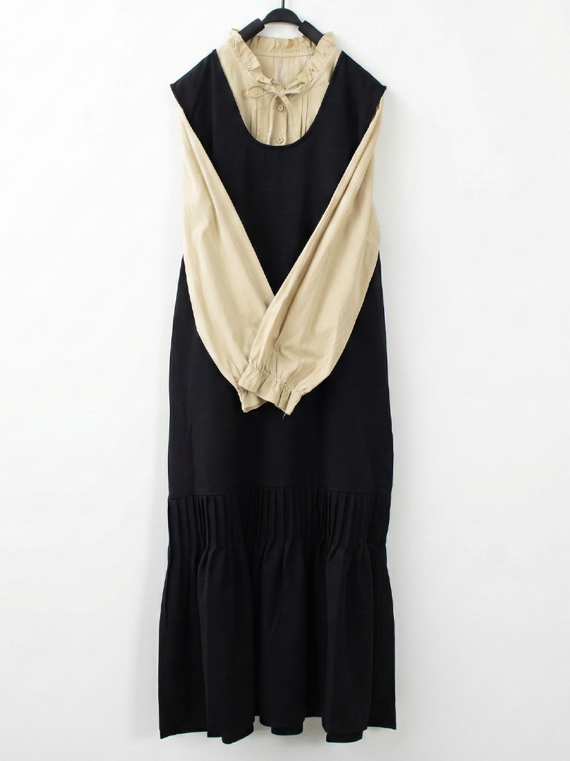 日系連身洋裝立領綁帶上衣組合