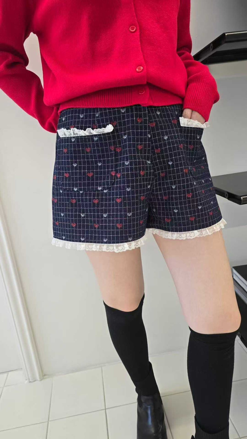 小紅愛心格線牛仔短褲