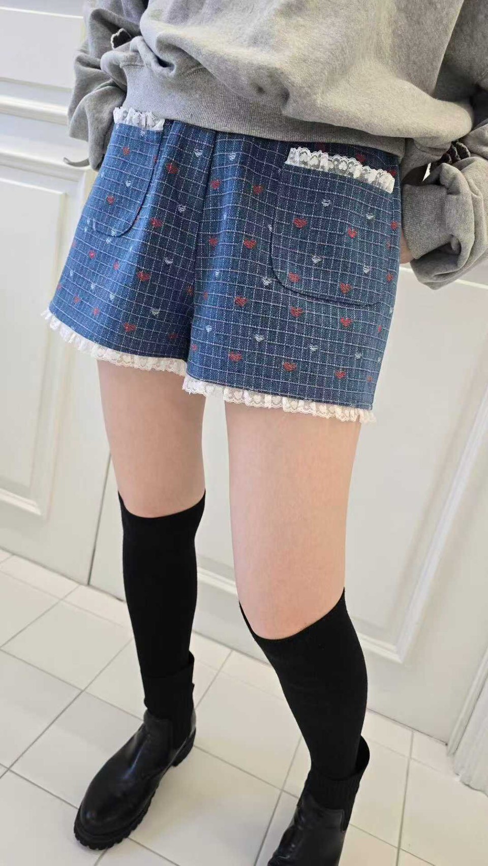 小紅愛心格線牛仔短褲