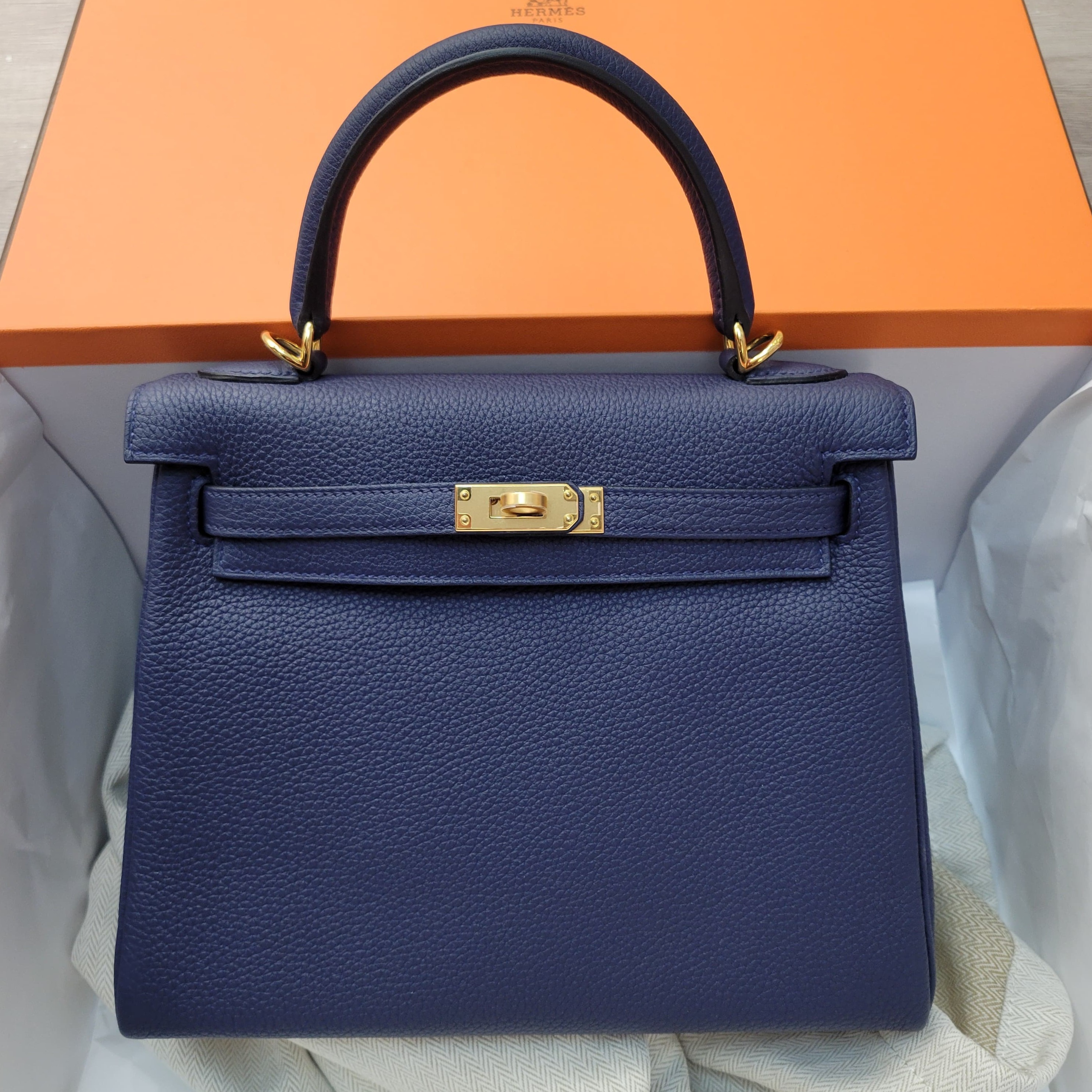 99%new/unused HERMES KELLY 25 BLEU SAPPHIRE CC TOGO 寶石藍金扣