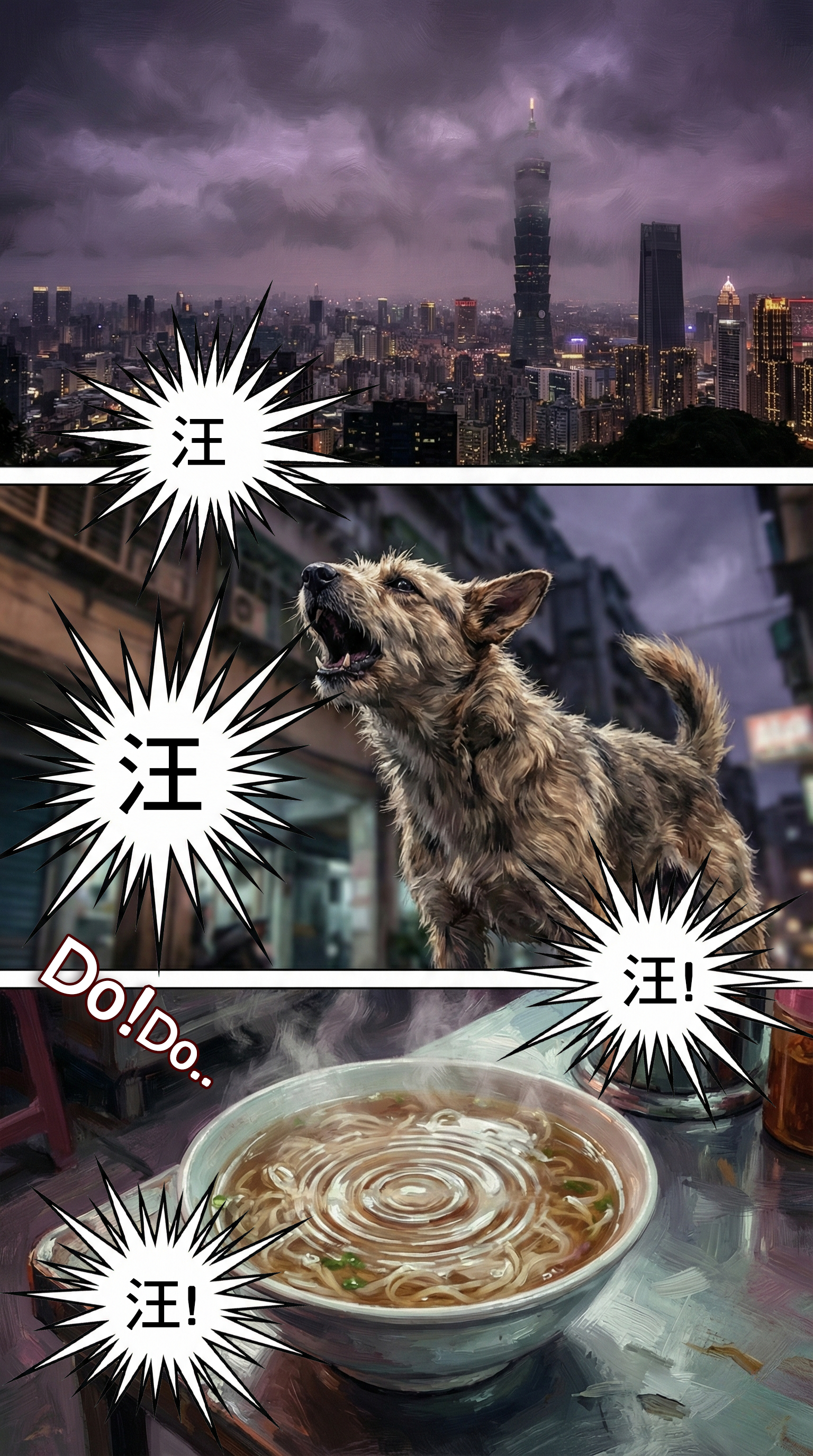 台北101陰天烏雲密佈，路邊流浪狗對著天空狂吠，麵攤上的湯碗產生異常震動波紋。  SEO 優化文字 (社群/內文)：  【風雨欲來】連空氣都在顫抖... 台北的天空異常壓抑，101大樓籠罩在詭異的紫光中。巷口的狗瘋狂吠叫，桌上的那碗麵泛起了不尋常的漣漪（Do! Do..）。有些事情，正在我們頭頂上發生... #台北異象 #暴風雨前夕 #懸疑開場