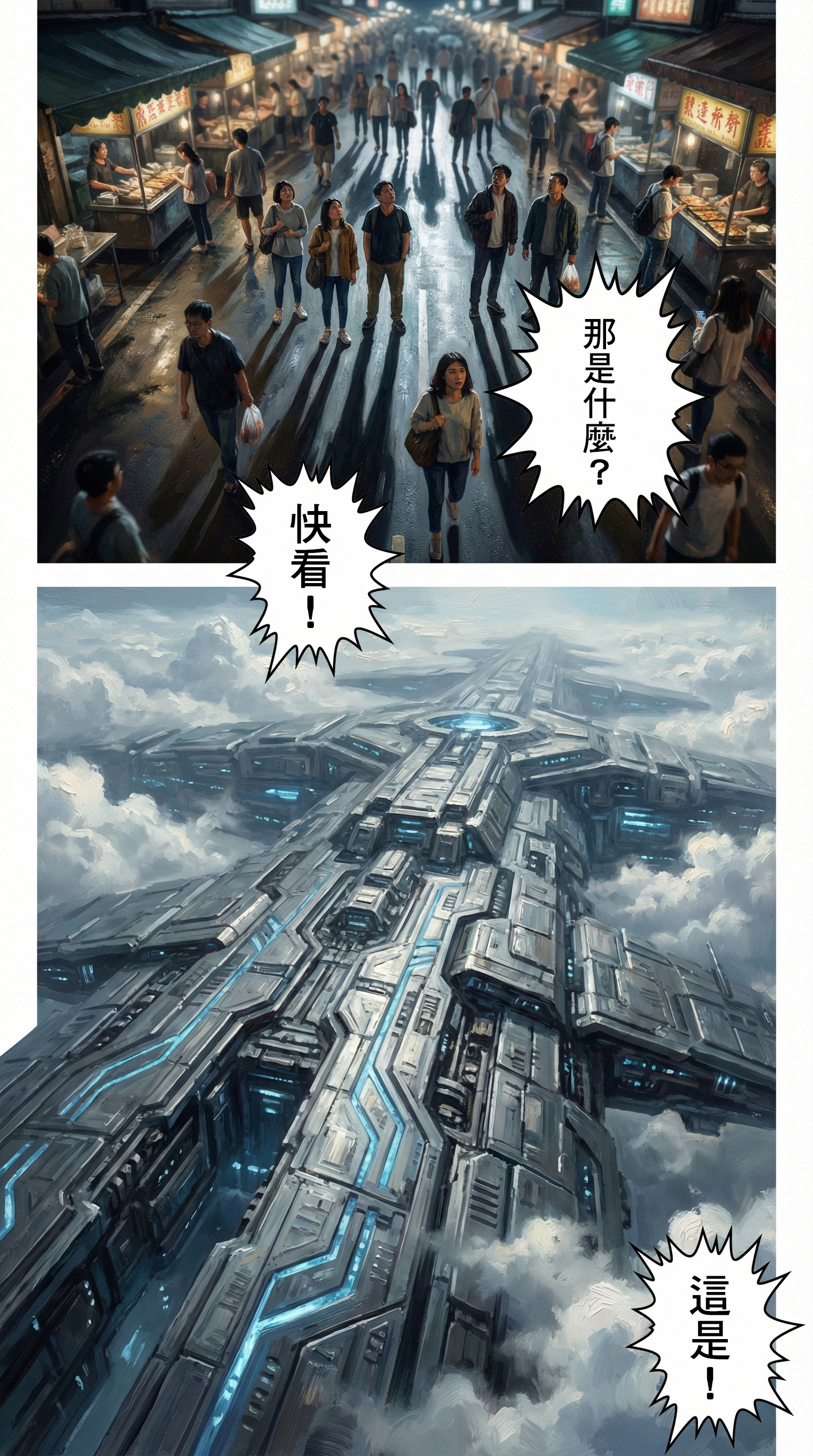 台灣夜市人群驚恐抬頭，天空出現巨大的外星機械戰艦，遮蔽了天空。  SEO 優化文字 (社群/內文)：  【日常崩壞】夜市上空的巨大陰影！ 「那是什麼？」「快看！」原本熱鬧喧騰的夜市瞬間凝結。巨大的機械結構劃破雲層，將恐懼直接壓在每個人的心頭。平凡的夜晚，再也不平靜。 #UFO目擊 #台灣夜市 #科幻巨艦