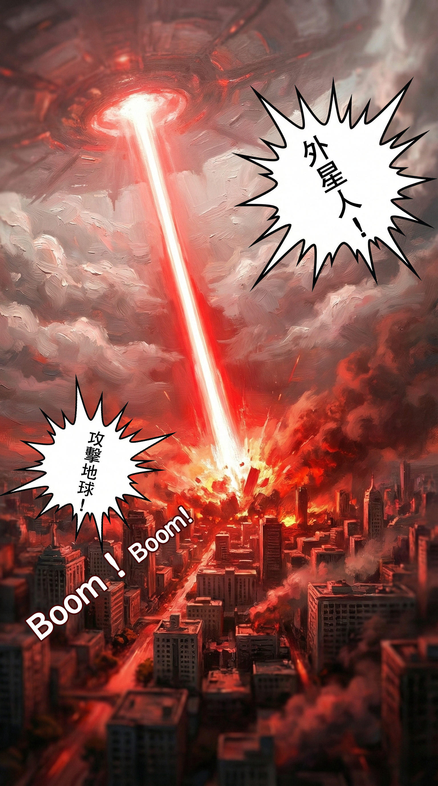 外星飛船發射紅色雷射光束直擊城市，高樓爆炸起火，充滿災難感的漫畫分鏡。  SEO 優化文字 (社群/內文)：  【全面開戰】紅色死光無情轟炸！ 沒有溝通，直接毀滅！「外星人！攻擊地球！」紅色的毀滅光束貫穿天際，城市在巨大的 BOOM 聲中陷入火海。這是一場單方面的屠殺。 #外星入侵 #災難漫畫 #視覺衝擊