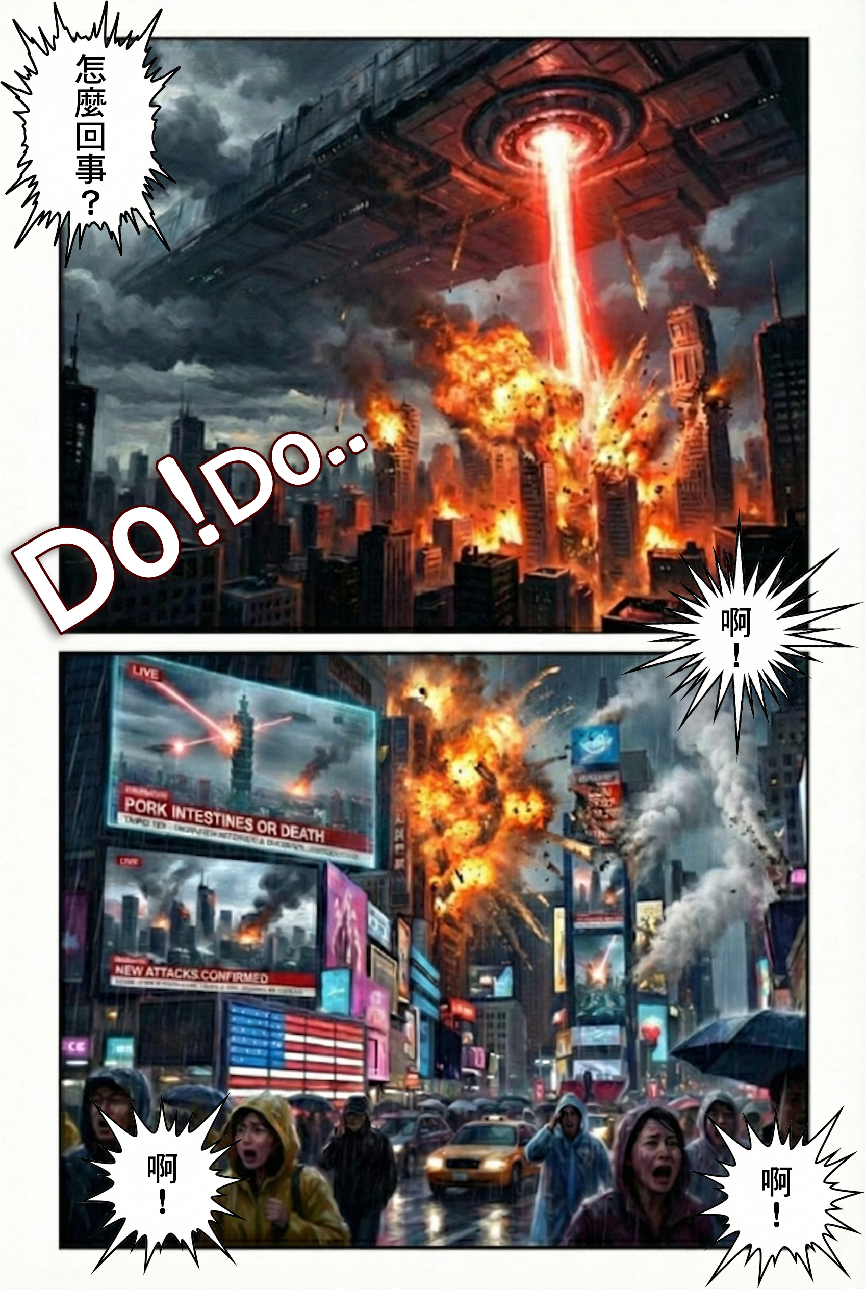 城市遭受轟炸火光四起，戶外大螢幕顯示威脅文字 PORK INTESTINES OR DEATH (不給豬腸就死)，民眾崩潰尖叫。  SEO 優化文字 (社群/內文)：  【離奇真相】交出豬腸，否則賜死？ 在漫天的火光與爆炸中，外星人的要求竟然顯示在大螢幕上：「PORK INTESTINES OR DEATH」。原來這些高等文明大老遠跑來地球，為的竟然是那一口台灣味？ #黑色幽默 #麻辣鴨血豆腐 #神展開