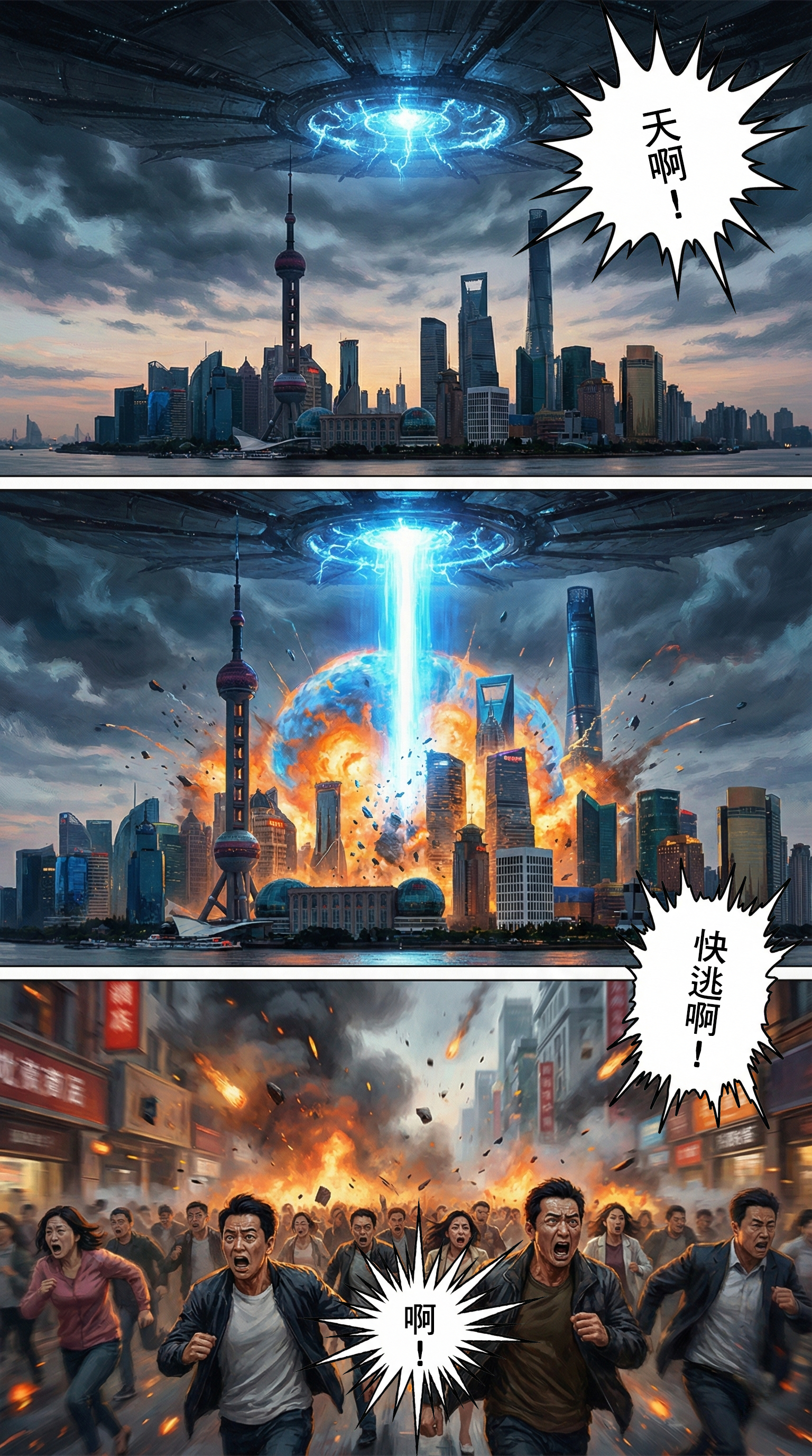 上海外灘地標遭外星飛碟藍色光束轟炸，東方明珠塔周圍爆炸，民眾在街道上驚恐奔逃。  SEO 優化文字 (社群/內文)：  【全球淪陷】末日恐慌蔓延至上海！ 「天啊！快逃啊！」毀滅的藍光籠罩了東方明珠，繁華的都會區瞬間成為煉獄。無論身在何處，似乎都無法逃離這場為了「美食」而引發的星際戰爭。 #上海地標 #末日逃生 #大場面