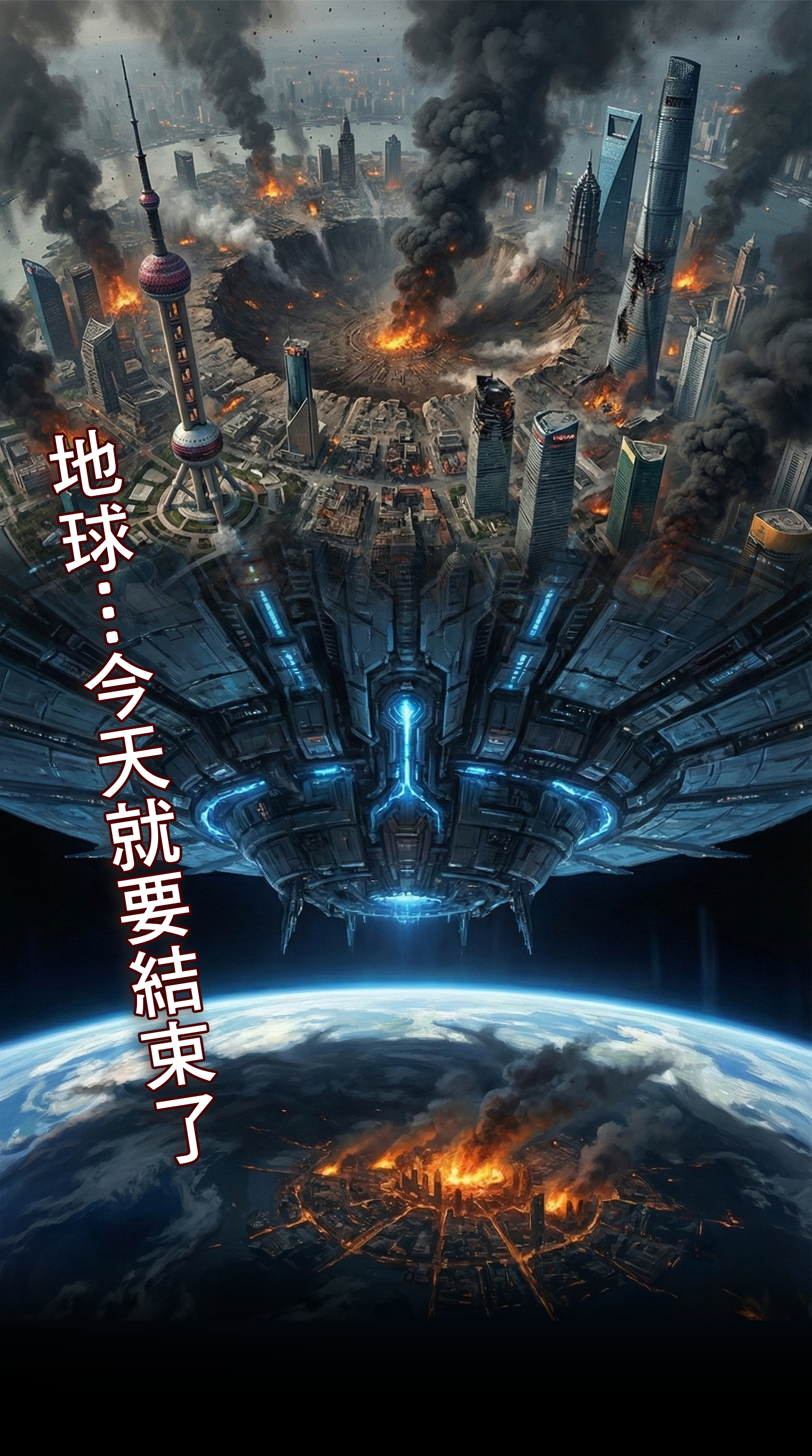 上海陸家嘴變成巨大坑洞廢墟，城市冒著黑煙，外星飛船懸浮於上空，末日場景。  SEO 優化文字 (社群/內文)：  【文明歸零】地球...今天就要結束了 曾經的摩天大樓現在只剩下焦黑的深坑。外星艦隊冷酷地懸浮在廢墟之上，這張圖完美詮釋了絕對力量下的絕望感。人類的命運，懸於一線。 #廢墟美學 #末日科幻 #視覺震撼