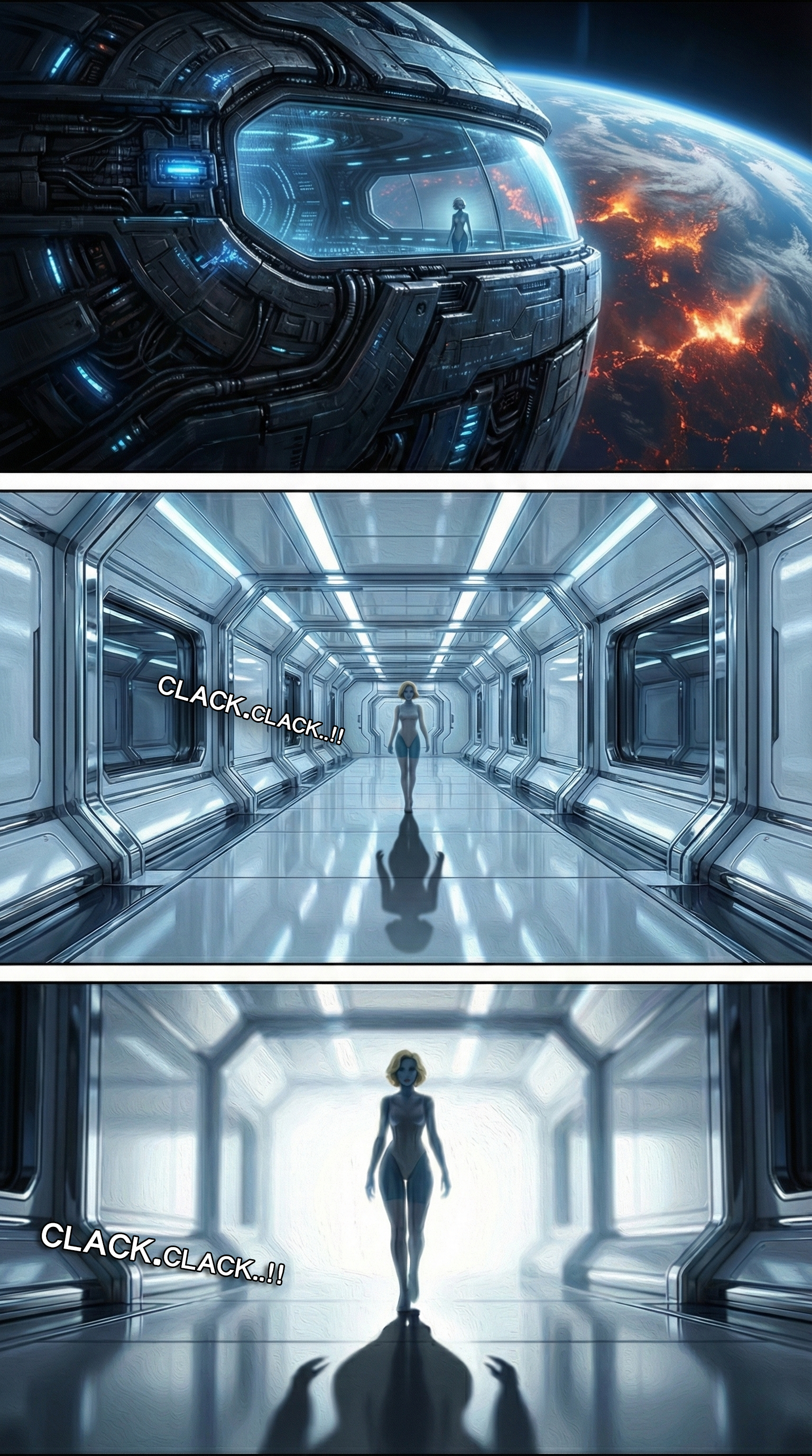 外星飛船內部高科技金屬走廊，一名身材姣好的外星女性走向鏡頭，窗外是燃燒的地球。  SEO 優化文字 (社群/內文)：  【侵略者現身】來自太空的冰冷腳步 鏡頭轉到飛船內部，伴隨著清脆的腳步聲（CLACK.. CLACK..），一位藍色皮膚的神秘女性正緩步走來。窗外燃燒的地球對她來說，似乎只是一場餘興節目。 #外星女王 #賽博龐克 #角色登場