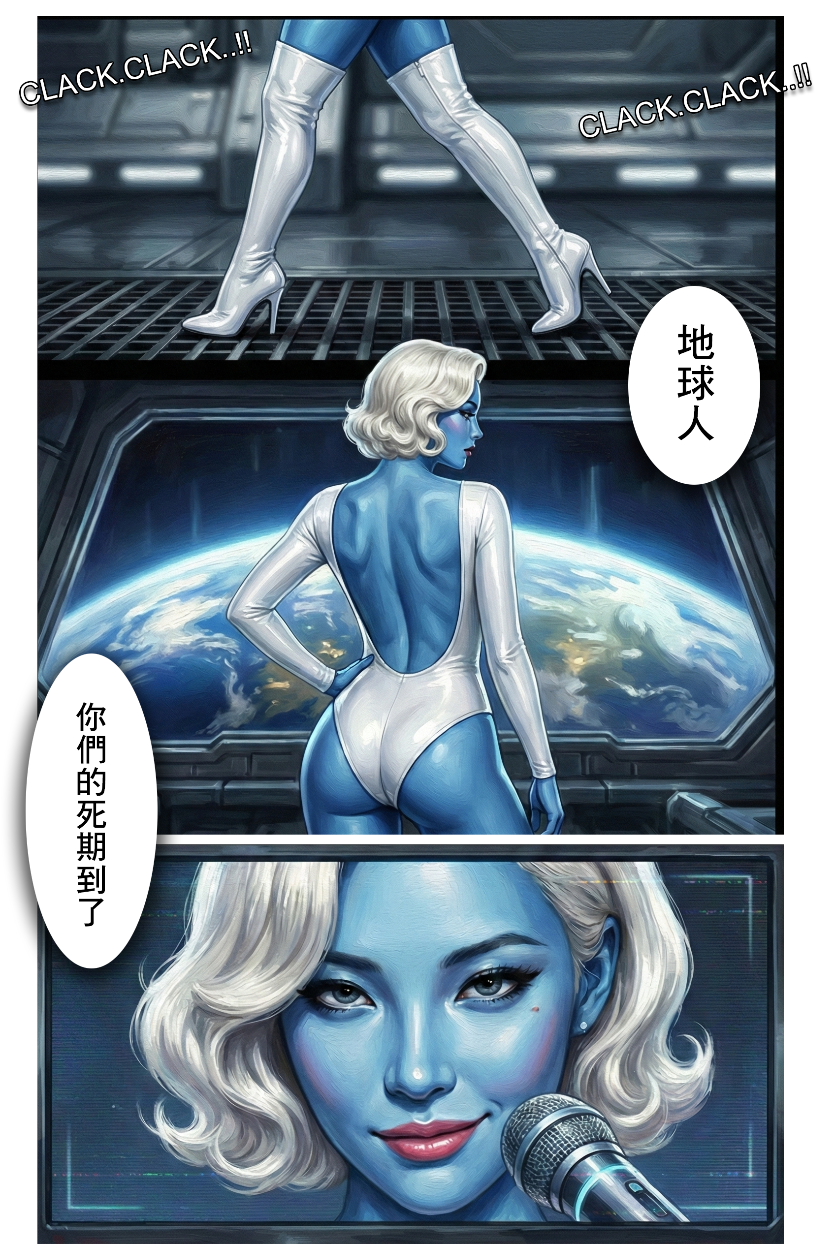 藍皮膚白髮的外星女王穿著白色緊身衣，轉身面對鏡頭，手持麥克風微笑宣告地球人死期。  SEO 優化文字 (社群/內文)：  【死亡宣告】地球人，你們的死期到了 既美麗又致命！外星女王手持麥克風，彷彿偶像歌手般輕鬆地宣判了人類的命運。那個充滿自信的微笑背後，是對地球美食（豬腸）的極致渴望。 #反派魅力 #角色設計 #美漫風格