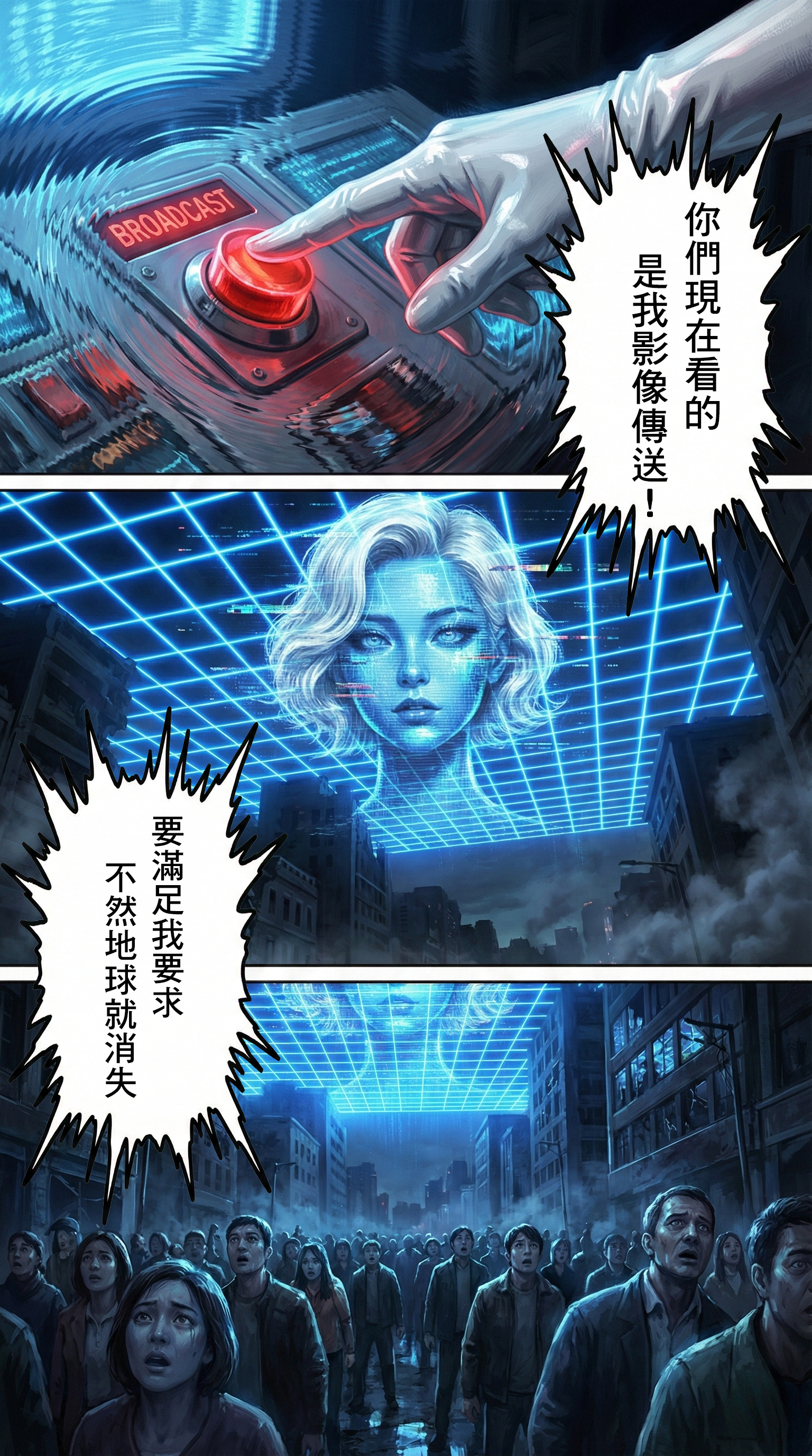 外星人按下廣播按鈕，城市上空投射出巨大的外星女王頭像全息投影，要求滿足她。  SEO 優化文字 (社群/內文)：  【最終抉擇】滿足我的要求，不然地球就消失！ 巨大的全息投影籠罩城市，女王發出了最後通牒。這不只是戰爭，這是一場關於「滿足食慾」的談判！麻辣博士能否拿出最頂級的麻辣豬腸拯救世界？ #全息投影 #劇情高潮 #待續