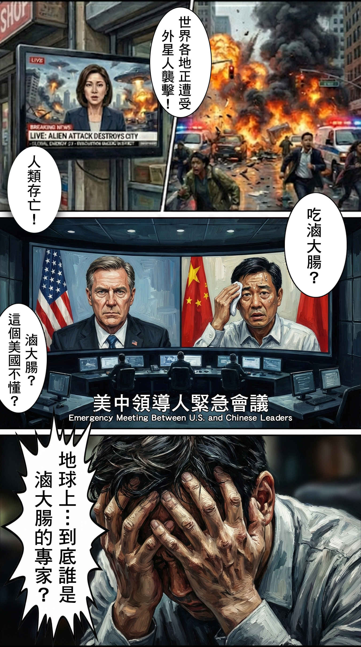 電視新聞報導外星襲擊，美中領導人緊急視訊會議，困惑地討論「吃滷大腸？」與「誰是專家？」。  優化文案：  【緊急會議】滷大腸？這個美國不懂！ 在世界毀滅的邊緣，美中領導人召開了史上最荒謬的緊急會議。「Braised Intestines?」這道超綱的題目難倒了全世界的軍事專家。地球上到底誰是滷大腸的權威？ #政治迷因 #滷大腸 #美中熱線