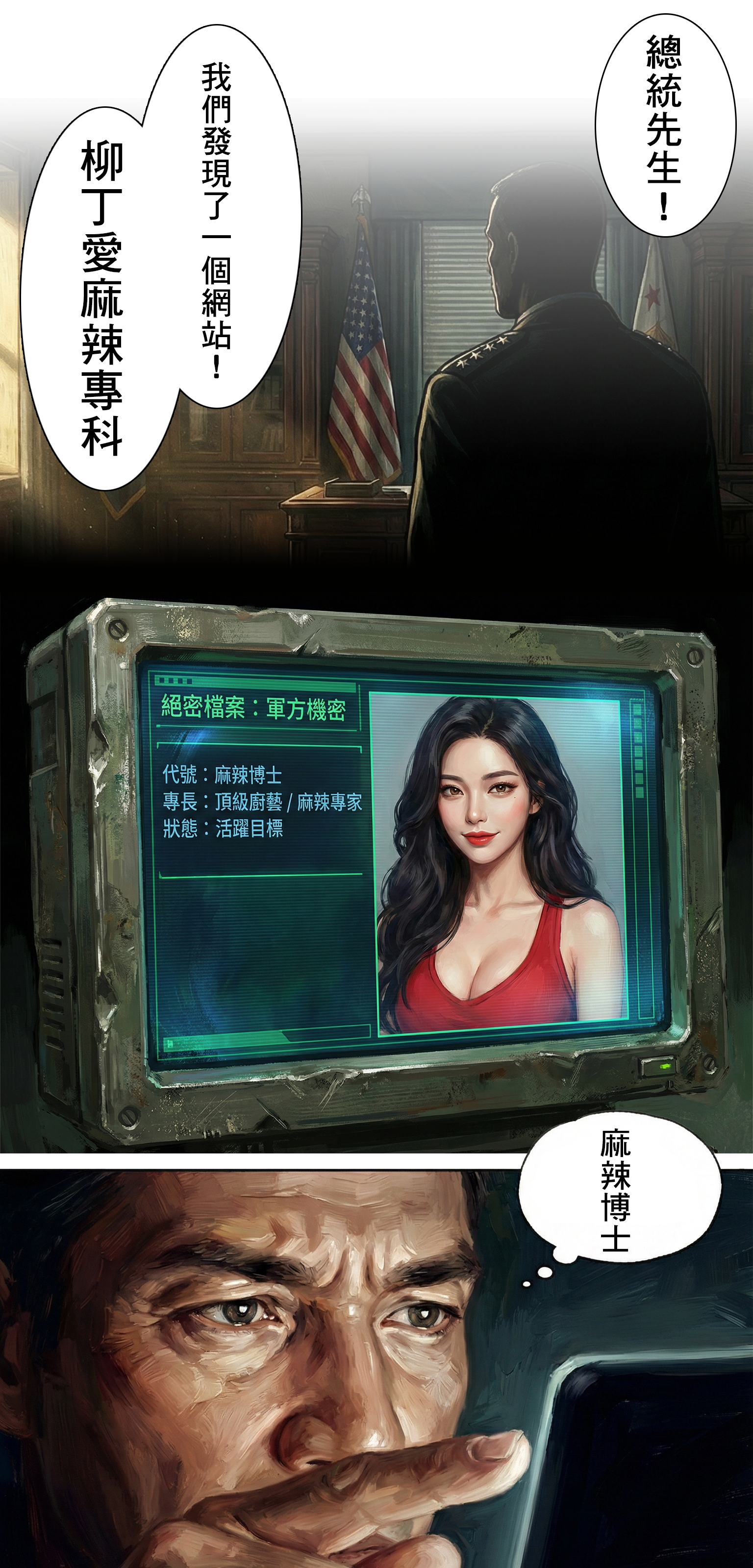 美國軍方發現柳丁愛麻辣專科網站，螢幕顯示麻辣博士機密檔案，代號：麻辣博士，專長：頂級廚藝。  優化文案：  【關鍵線索】找到她了！代號：麻辣博士 「總統先生，我們發現了一個網站！」美國五角大廈的情報網鎖定了一位台灣的香料專家。她是全人類最後的希望——柳丁愛麻辣專科的「麻辣博士」。 #機密檔案 #關鍵人物 #柳丁愛