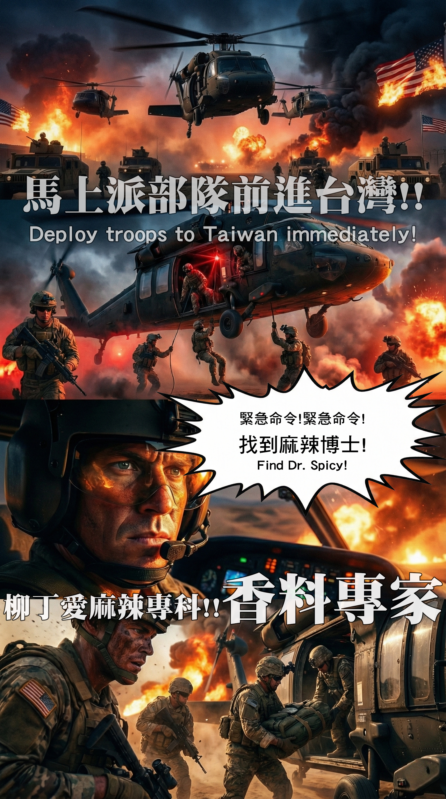 美軍黑鷹直升機群出動，背景是戰爭場面，字幕：馬上派部隊前進台灣，找到麻辣博士，香料專家。  優化文案：  【全面出動】目標台灣！尋找香料專家！ 美國總統下達最高緊急命令：不惜一切代價，找到麻辣博士！精銳部隊即刻前往台灣，這一次不為戰爭，只為了一份能拯救世界的食譜。 #美軍出動 #台灣 #救援行動