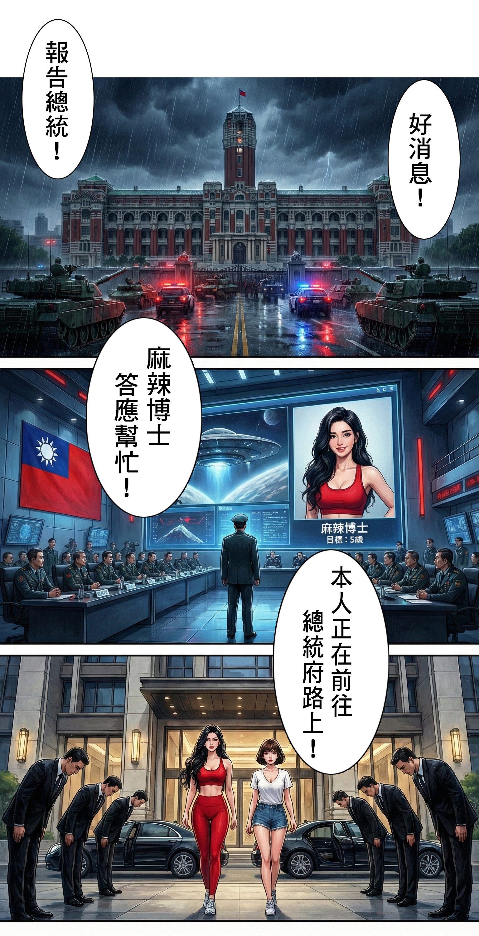 總統府前坦克戒備，戰情室內報告麻辣博士答應幫忙，博士與助手正走向總統府。  優化文案：  【好消息】她答應了！救星抵達總統府！ 在重兵戒備的凱達格蘭大道上，兩個自信的身影大步向前。戰情室傳來振奮人心的消息：「麻辣博士正在前往總統府的路上！」反擊的時刻到了。 #總統府 #女力爆發 #救星登場