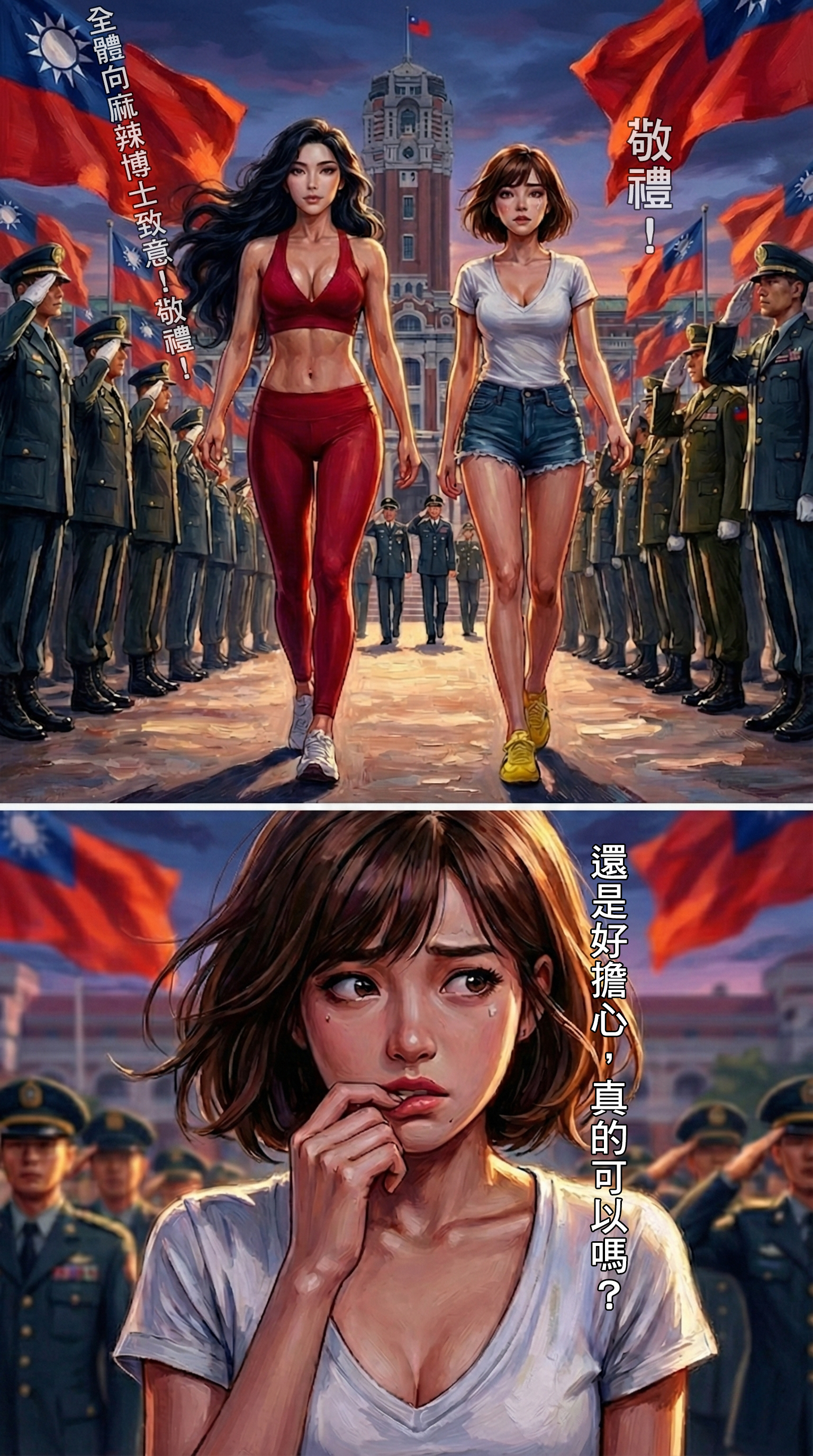 總統府前全體官員軍隊向麻辣博士敬禮，助手擔心回頭問：真的可以嗎？  優化文案：  【全體致敬】賭上人類未來的料理！ 在莊嚴的總統府前，全體國軍向兩位女英雄致上最高敬意。雖然助手眼中還帶著一絲擔憂：「真的可以嗎？」但她們已經沒有退路，只能端出最完美的滷味！ #最高敬禮 #背水一戰 #感動時刻