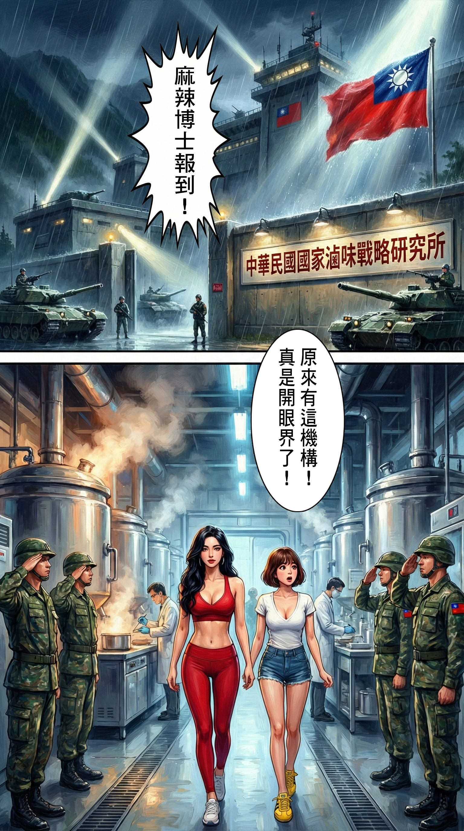 博士進入中華民國國家滷味戰略研究所，巨大不鏽鋼鍋爐設備，軍人敬禮，驚嘆原來有這機構。  優化文案：  【秘密武器】國家滷味戰略研究所？！ 原來台灣早就準備好了！麻辣博士進入了最高機密的地下設施——這裡有足以對抗外星味蕾的頂級設備。現在，開始烹飪！ #國家機密 #滷味研究所 #創意腦洞
