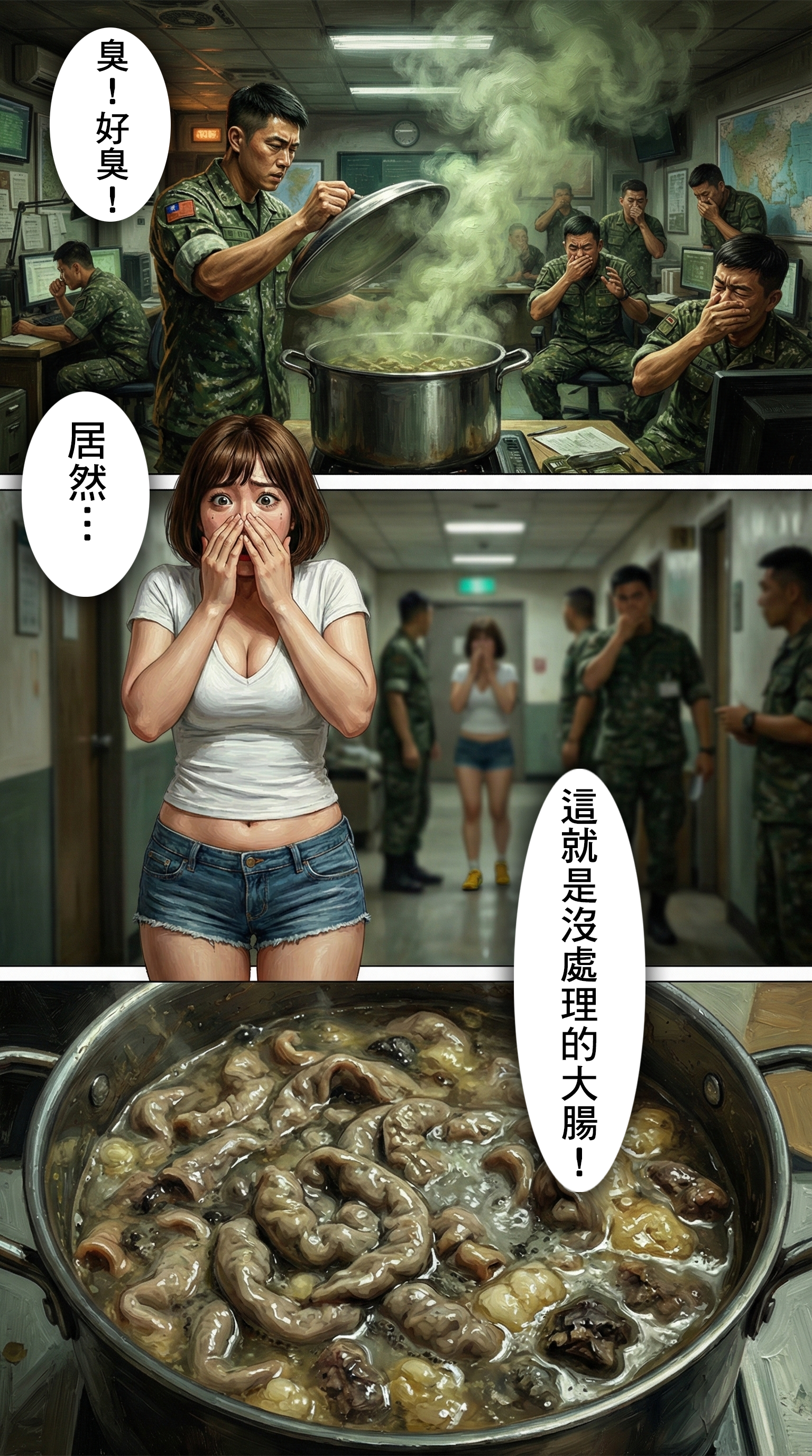 方戰情室內，巨大的鍋子發出綠色臭氣，軍人掩鼻表情痛苦，助手驚慌摀住口鼻，字幕寫著：臭！好臭！  SEO 優化文案：  【崩潰現場】美食誕生前的黑暗時刻 沒處理過的大腸，那味道簡直是生化武器！連身經百戰的國軍弟兄都擋不住這股「原味」衝擊。想要征服外星人的味蕾，得先過這一關！ #大腸處理 #地獄廚房 #臭味薰天