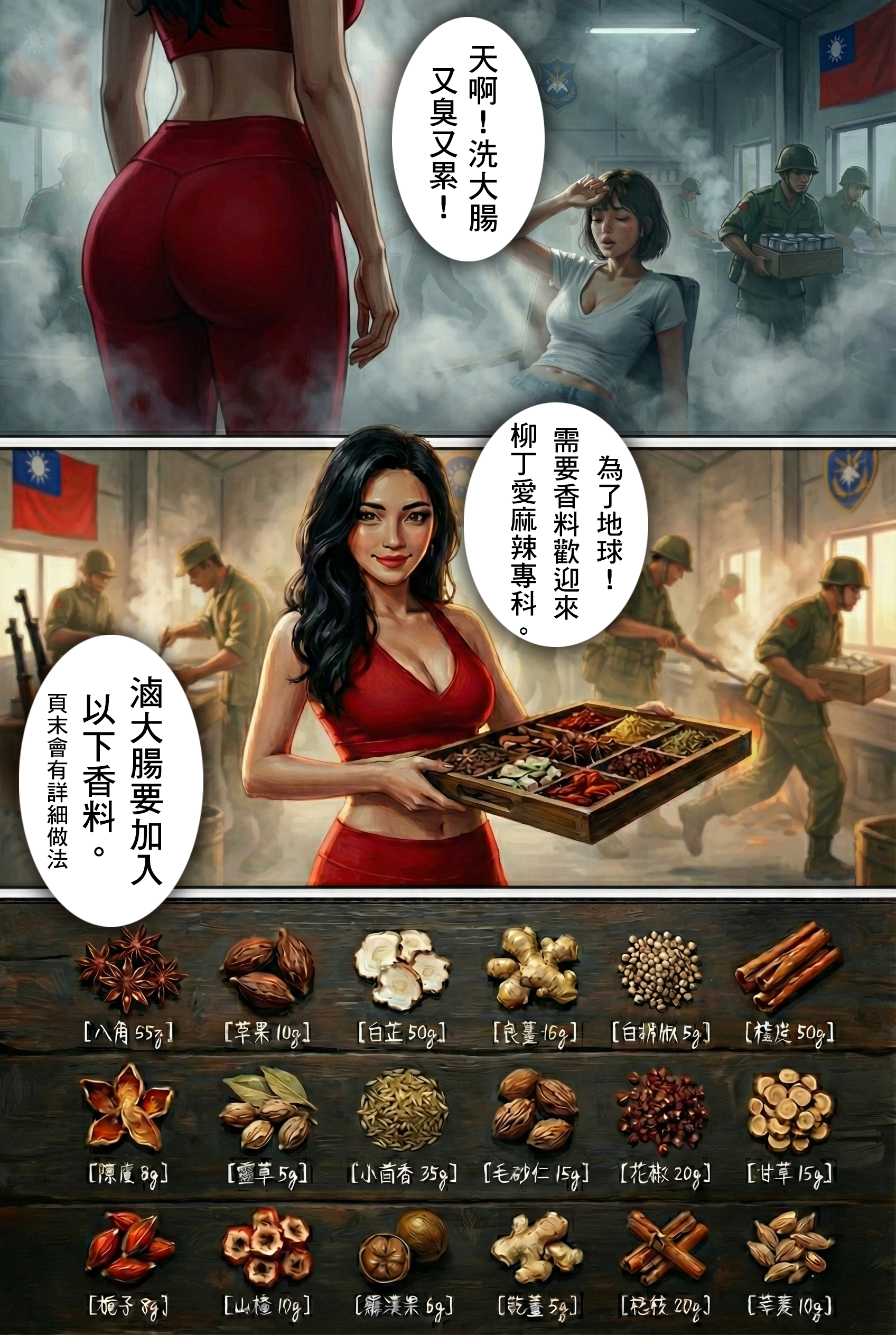 麻辣博士端出木製香料盤，下方詳細列出八角、草果、白芷等中藥材名稱與重量，背景是忙碌的軍用廚房。  SEO 優化文案：  【獨家公開】拯救地球的秘密配方！ 「為了地球，柳丁愛麻辣專科毫無保留！」這一盤不是普通的香料，這是能擊退外星艦隊的黃金比例。快把這張圖存起來，你也能做出統治宇宙的滷大腸！ #滷味食譜 #香料配方 #中藥滷味 #柳丁愛