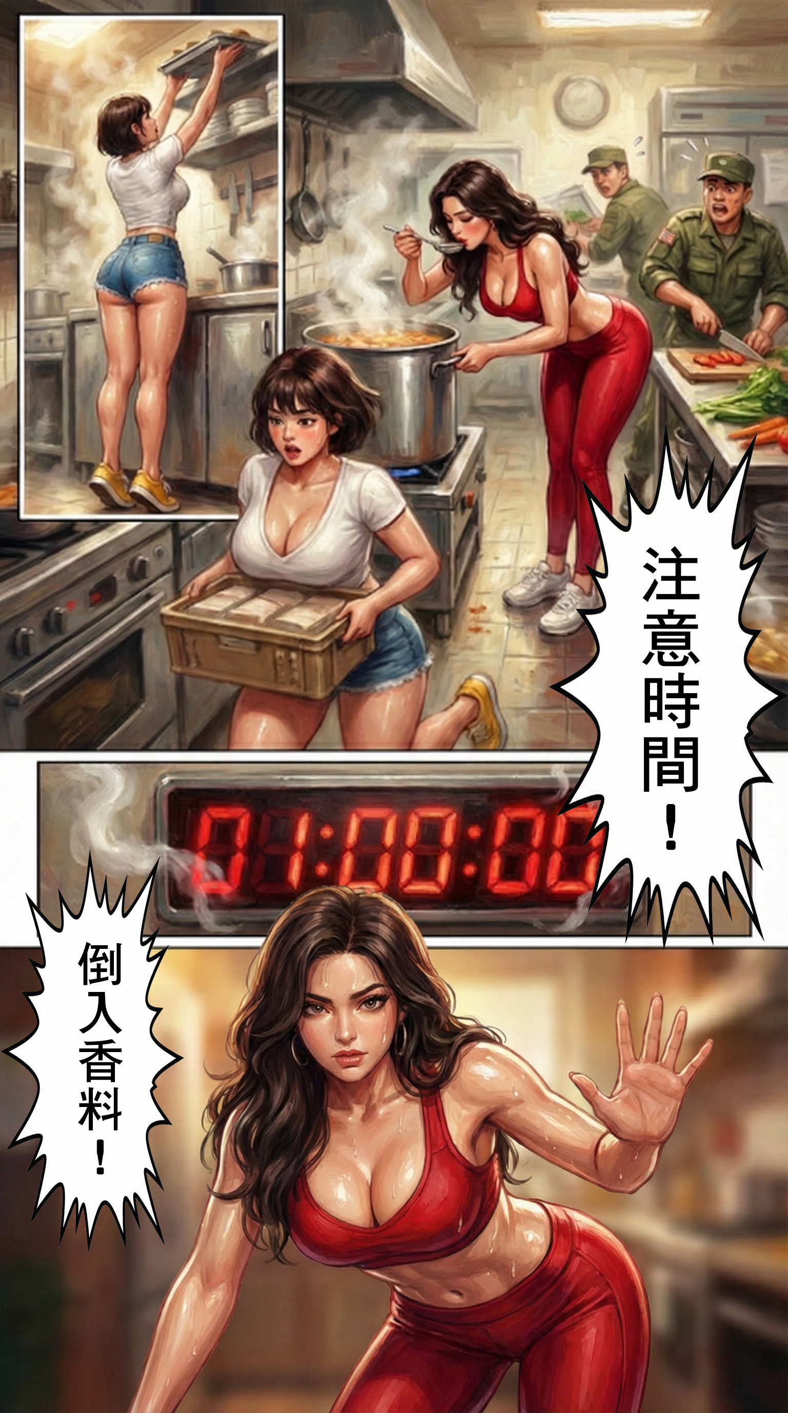 廚房計時器倒數 01:00:00，麻辣博士大喊「倒入香料」，助手忙著搬運食材，氣氛緊張。  SEO 優化文案：  【倒數計時】剩下一小時！全體動作快！ 時間一分一秒流逝，地球的命運就看這一鍋了！在高壓下精準控制火候，倒入靈魂香料。這不是做菜，這是拆彈任務！ #分秒必爭 #廚房如戰場 #熱血沸騰