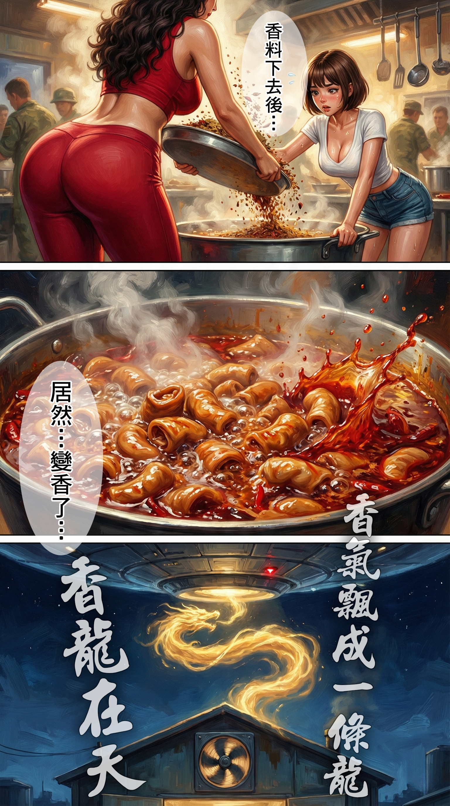 香料倒入鍋中瞬間，紅油翻滾，大腸上色變香，香氣化為一條金色的龍，衝出屋頂飛向幽浮。  SEO 優化文案：  【奇蹟發生】居然...變香了？！ 當特製香料與大腸融合的瞬間，化學反應發生了！原本的腥臭轉化為濃郁的醇香。這股香氣強烈到具象化，形成一條金色的「香龍」直衝雲霄！ #中華一番 #小當家特效 #滷味飄香