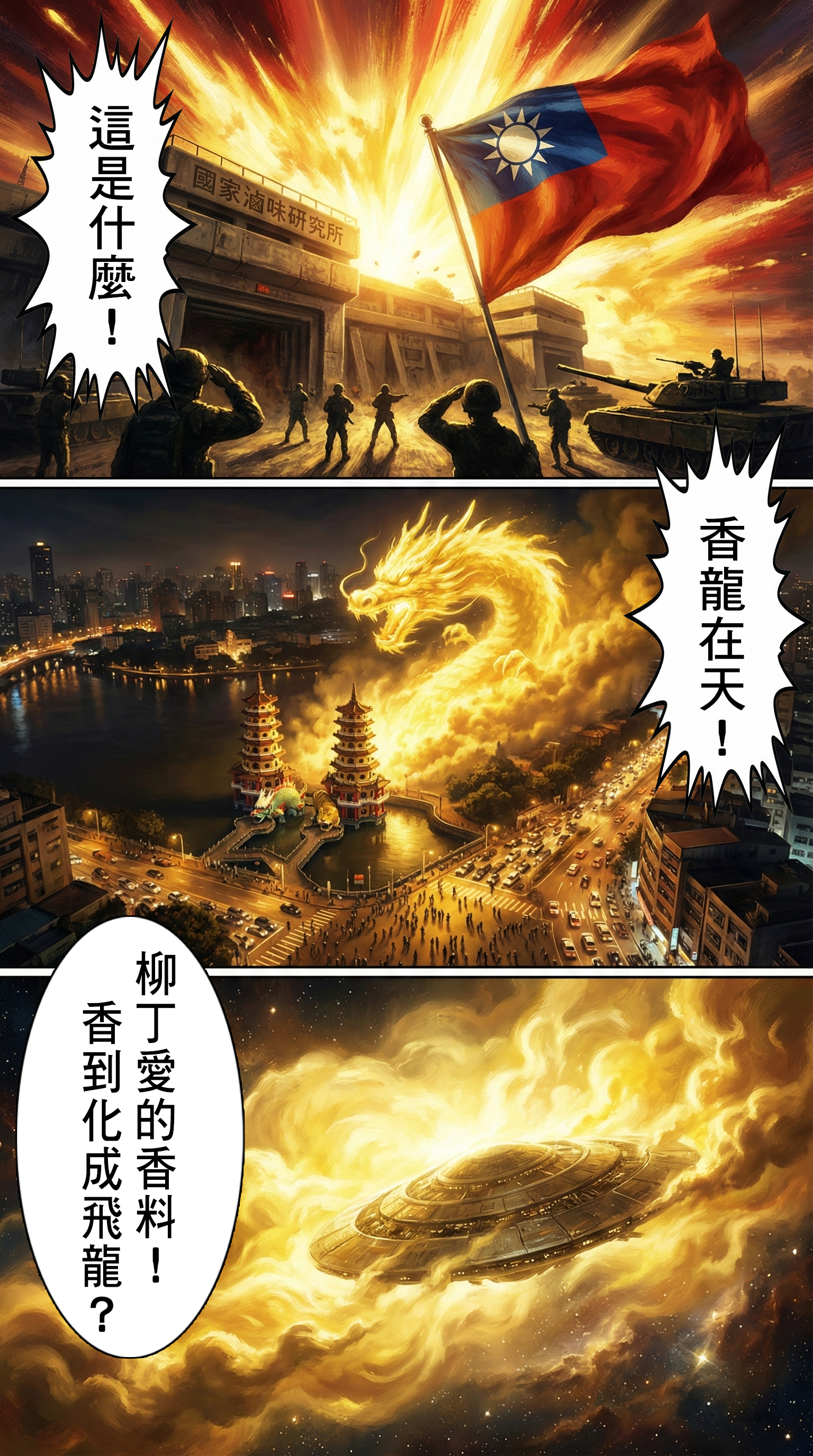金色香氣巨龍從國家滷味研究所屋頂竄出，盤旋在龍虎塔上空，直擊外星飛碟，字幕：柳丁愛的香料香到化成飛龍？  SEO 優化文案：  【香龍在天】這香氣...穿越了平流層！ 誰說味道傳不到太空？這股來自台灣的極致滷香，化作巨龍緊緊纏繞著外星母艦。這就是台灣美食的霸氣，連外星科技都無法阻擋的誘惑！ #高雄龍虎塔 #視覺震撼 #美食特效