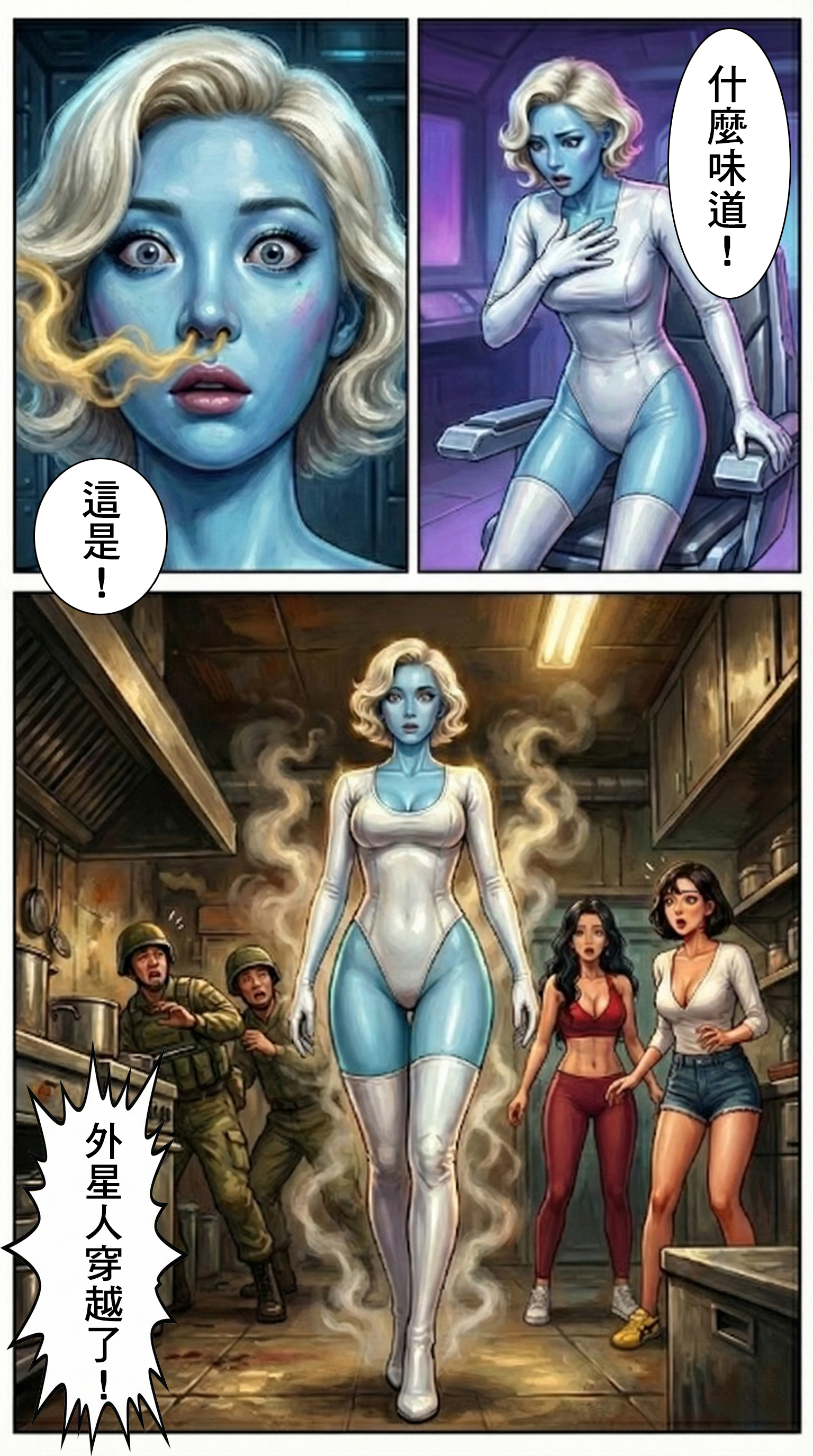 外星女王聞到味道震驚，隨即全身發光瞬移穿過廚房牆壁，出現在麻辣博士面前，眾人驚呆。  SEO 優化文案：  【聞香而來】她...忍不住了！ 「這是什麼味道？！」高傲的女王再也坐不住了，直接穿越空間來到廚房。原本殺氣騰騰的侵略者，現在只是一個被香氣俘虜的吃貨。 #外星人穿越 #吃貨本性 #劇情高潮