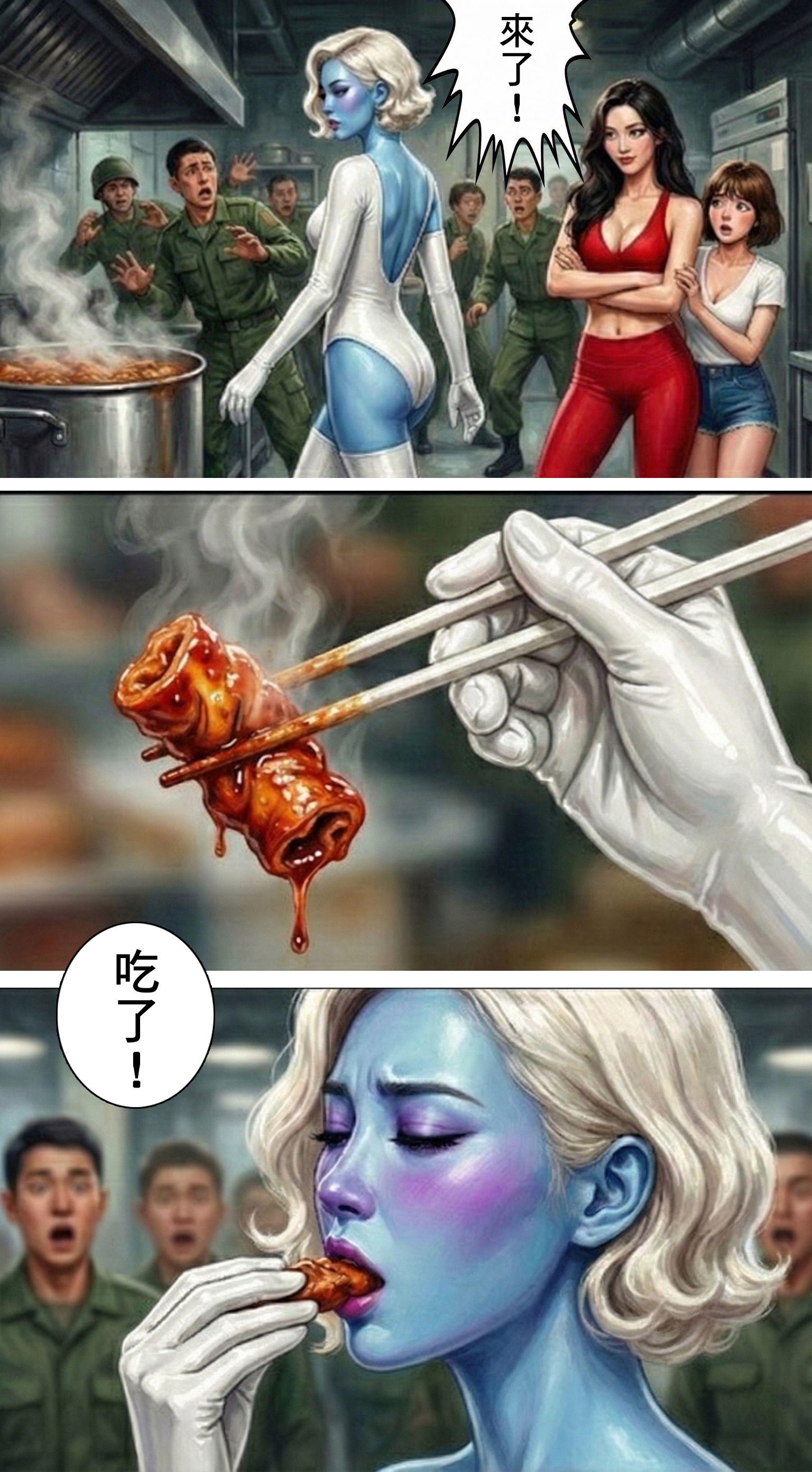 外星女王拿起筷子夾起一塊油亮的滷大腸，放入嘴中，麻辣博士自信抱胸，眾人屏息以待。  SEO 優化文案：  【屏息以待】地球存亡的一口！ 筷子夾起的是 Q 彈、入味、色澤紅潤的滷大腸。女王張開了嘴... 這一口下去，將決定人類是滅絕，還是迎來和平？ #試吃 #美食評判 #緊張時刻