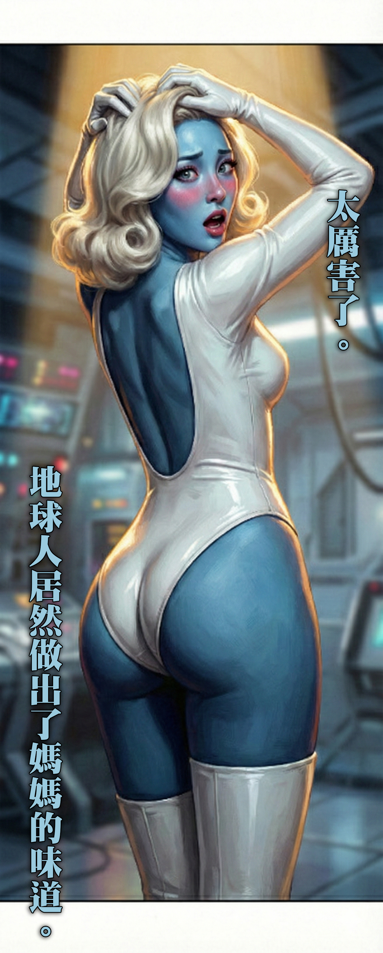 外星女王轉身回眸，表情驚艷且滿足，身穿白色緊身衣展現曲線，字幕：太厲害了，地球人居然做出了媽媽的味道。  SEO 優化文案：  【任務成功】地球...得救了！ 「太厲害了！」女王給出了最高評價。危機解除，外星艦隊撤退。感謝麻辣博士，感謝滷大腸！這告訴我們一件事：只要東西夠好吃，敵人也能變朋友。 #和平落幕 #台灣軟實力 #麻辣博士