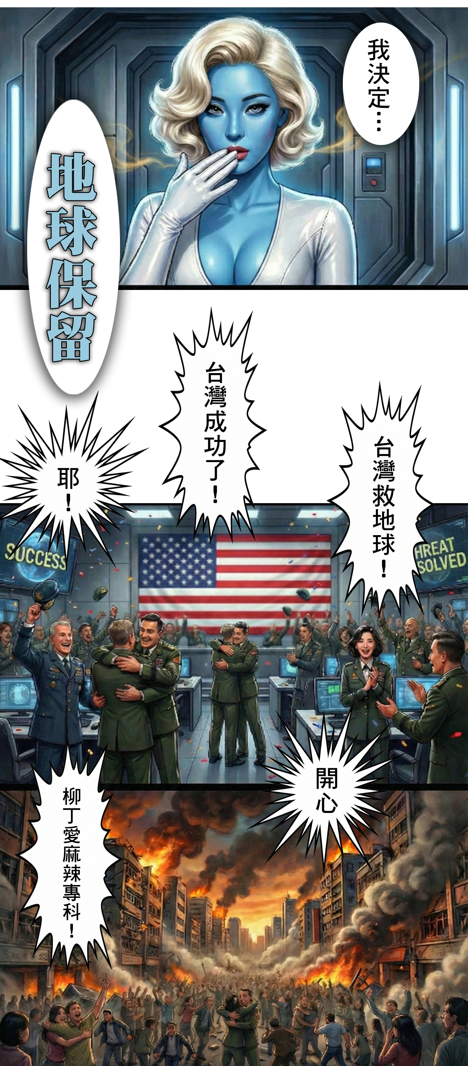 外星女王沈思後決定保留地球，美國戰情室歡呼慶祝，螢幕顯示 SUCCESS THREAT SOLVED，字幕：台灣救地球，柳丁愛麻辣專科。  SEO 優化文案：  【危機解除】台灣美食拯救了世界！ 「Earth Reserved（地球保留）。」女王的一個念頭，讓全人類免於毀滅。美國戰情室歡聲雷動，這一次，沒有超級英雄，只有台灣的「柳丁愛麻辣專科」成為了地球的救世主！ #台灣之光 #世界和平 #麻辣外交