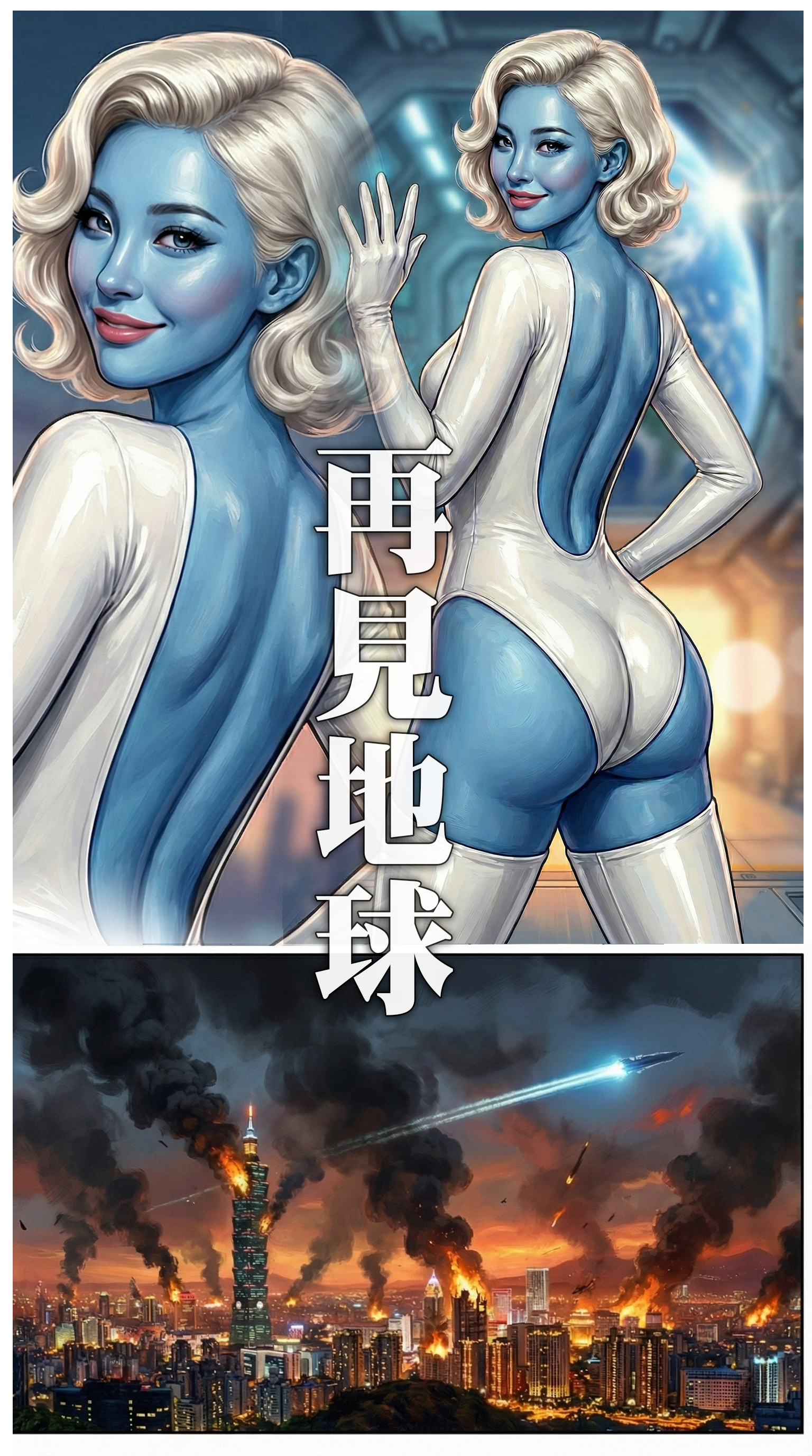 外星女王回眸揮手道別，背景是正在重建的城市與離去的飛船光束，字幕：再見地球。  SEO 優化文案：  【完美落幕】再見了！記得常回來吃！ 帶著對滷大腸的無限回味，外星艦隊離開了地球。那個回眸既優雅又充滿不捨。城市雖然受創，但希望已經重燃。 #Peace #外星人 #再見地球