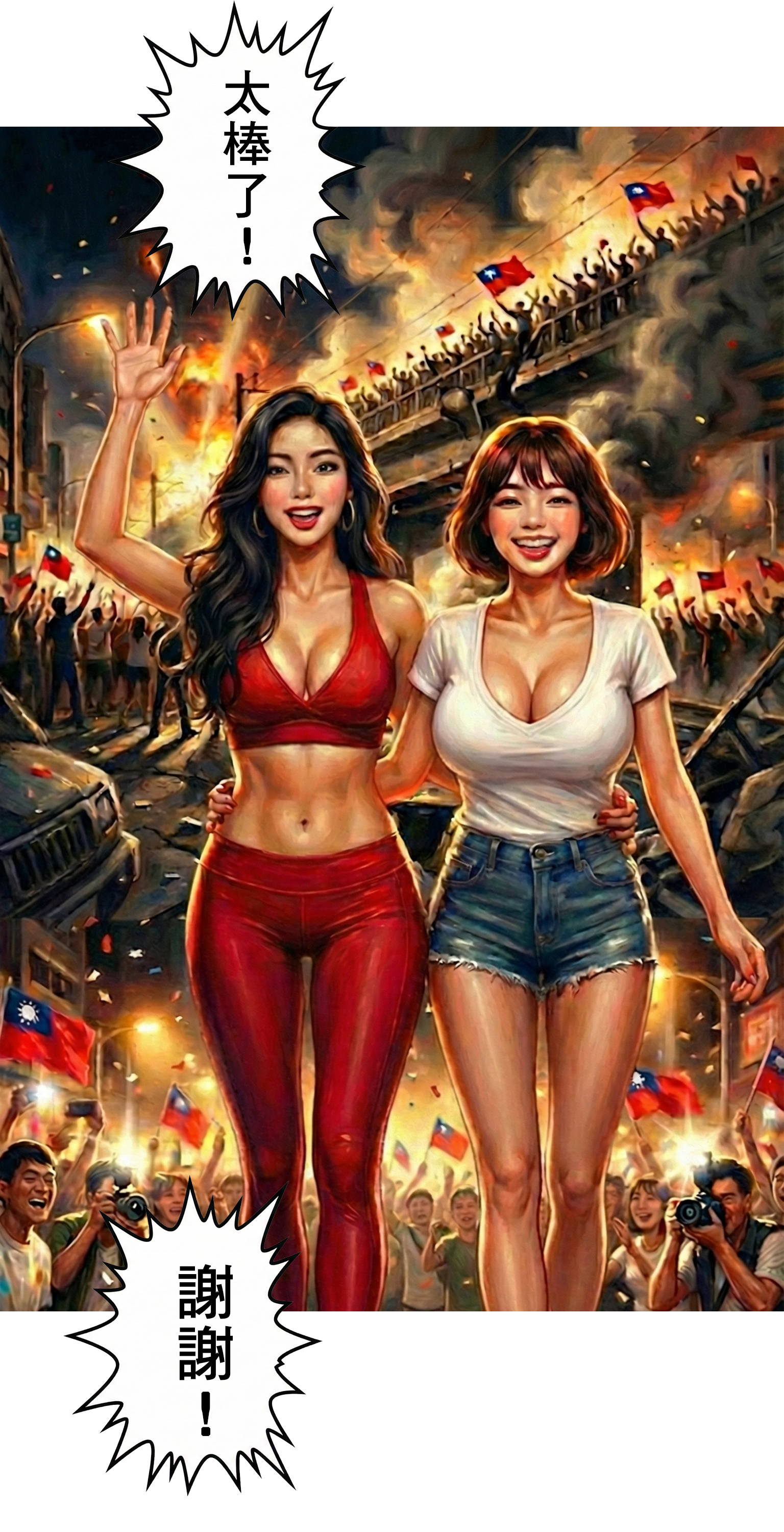 群眾揮舞台灣國旗歡呼，麻辣博士與助手開心搭肩慶祝，字幕：太棒了！謝謝！  SEO 優化文案：  【普天同慶】我們做到了！ 街頭巷尾充滿了歡笑與國旗飄揚。這不只是劫後餘生的喜悅，更是對「台灣味」的驕傲。謝謝麻辣博士，讓世界看見（吃到）台灣的力量！ #台灣加油 #慶祝 #全民英雄