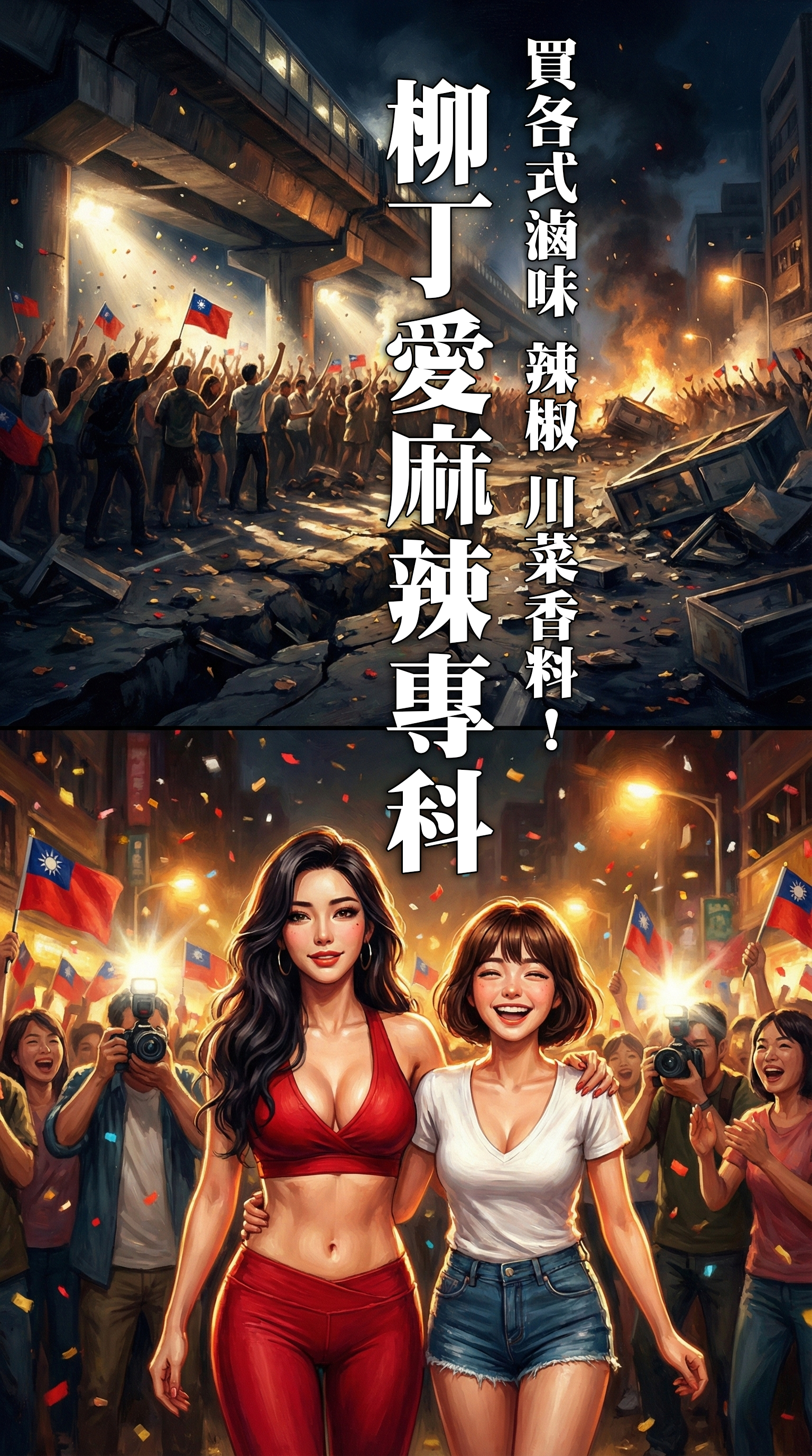 戰爭廢墟中屹立不搖的宣傳海報，麻辣博士與助手展現自信身材，字幕：買各式滷味辣椒川菜香料，柳丁愛麻辣專科。  SEO 優化文案：  【戰後必備】連外星人都認證的美味！ 經歷過末日浩劫，我們更懂得享受當下。想要做出連宇宙霸主都折服的料理嗎？「柳丁愛麻辣專科」——這裡有您需要的一切川菜香料與滷味秘方。 #柳丁愛 #麻辣專科 #川菜香料 #團購美食