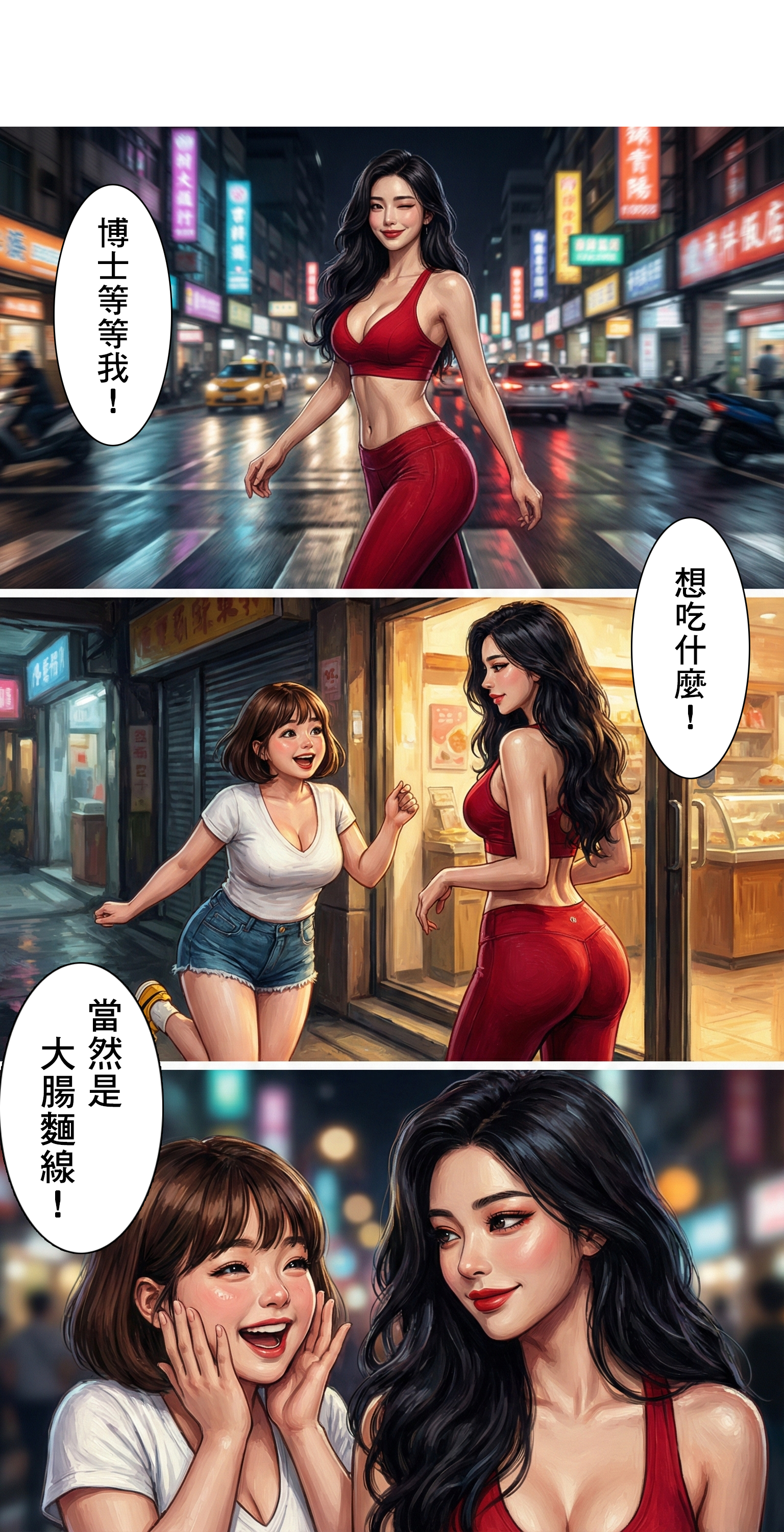 夜晚繁華的街道，助手在斑馬線上叫住麻辣博士，兩人相約去吃大腸麵線。  SEO 優化文案：  【日常確幸】今晚，我想來點... 「博士等等我！」繁忙的街道，熟悉的對話。在這個和平的夜晚，最大的煩惱不再是世界末日，而是「等一下要吃什麼？」。答案當然只有一個：大腸麵線！ #大腸麵線 #台灣夜生活 #閨蜜日常