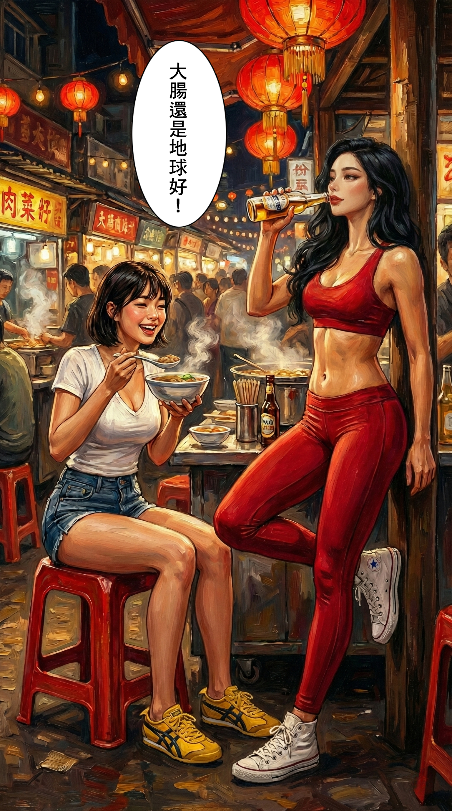 兩人坐在路邊攤吃麵喝啤酒，背景是紅燈籠，字幕：大腸還是地球好！  SEO 優化文案：  【人間美味】大腸，還是地球的好！ 坐在路邊攤，一口啤酒一口大腸。這才是生活！外星女王或許吃過更高級的宇宙料理，但這種充滿煙火氣的「台灣味」，只有地球才有。 #路邊攤 #台式浪漫 #啤酒配滷味