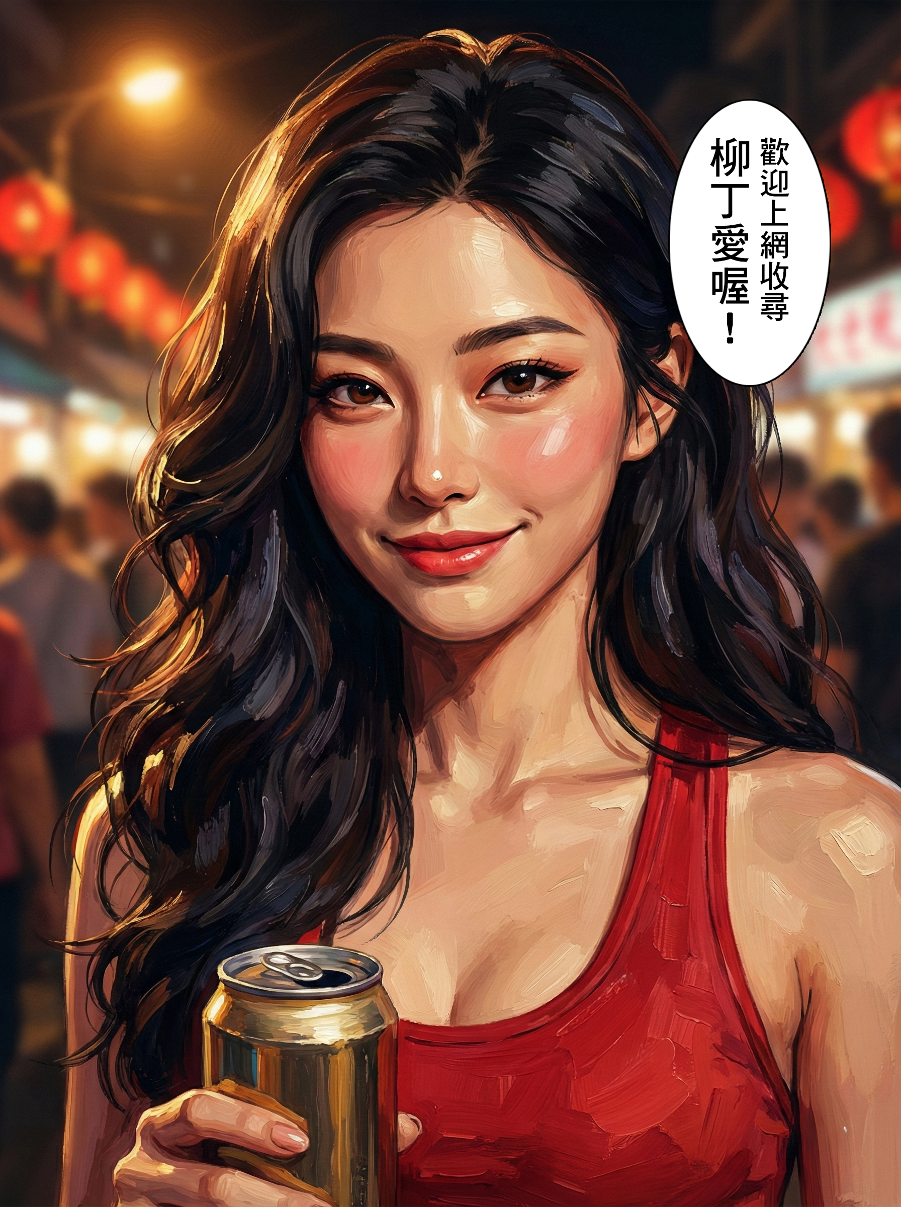 麻辣博士特寫微笑，手拿飲料，字幕：歡迎上網搜尋柳丁愛喔！  SEO 優化文案：  【想吃嗎？】動動手指，美味到家！ 不需要等到外星人入侵才後悔沒吃到！現在就上網搜尋🔍 「柳丁愛」。最道地的麻辣香料、最專業的滷味教學，等您來探索。 #柳丁愛 #搜尋推薦 #網購美食