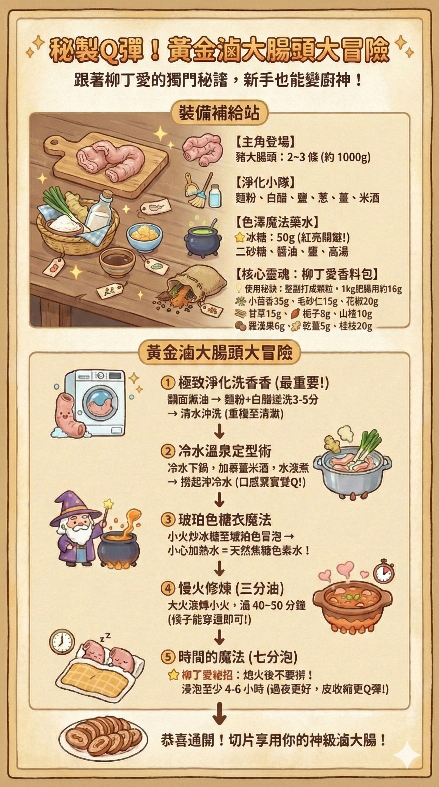 手繪風格的「黃金滷大腸頭大冒險」食譜懶人包，詳細列出八角、白芷、草果等香料重量，以及清洗、定型、糖色、慢燉等五大步驟。  SEO 優化文案：  【獨家公開】新手也能變廚神！黃金滷大腸秘笈📜 很多人問：「為什麼柳丁愛的大腸這麼好吃？」 今天不藏私，直接把價值連城的商業級配方送給大家！  🥘 裝備補給站：  核心靈魂（柳丁愛香料包）： 小茴香 35g、花椒 20g、桂枝 20g...（詳見圖）  色澤魔法： 冰糖炒糖色，是紅亮的關鍵！  👨‍🍳 五步成神法：  極致淨化： 麵粉+白醋，去腥最重要。  溫泉定型： 冷水下鍋，口感更 Q。  糖衣魔法： 天然焦糖色，色香味俱全。  慢火修煉： 滷 40-50 分鐘，筷子能穿透即可。  時間魔法： 熄火後不要撈！ 浸泡過夜才是入味的秘訣。  💡 想自己動手做？快把這張圖「長按儲存」！買香料記得找柳丁愛！ #食譜分享 #滷大腸教學 #廚房秘技 #柳丁愛配方