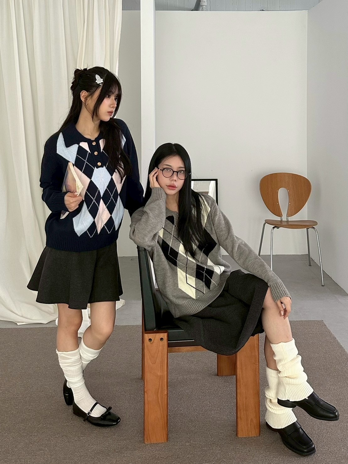 校園菱形格小翻領毛衣