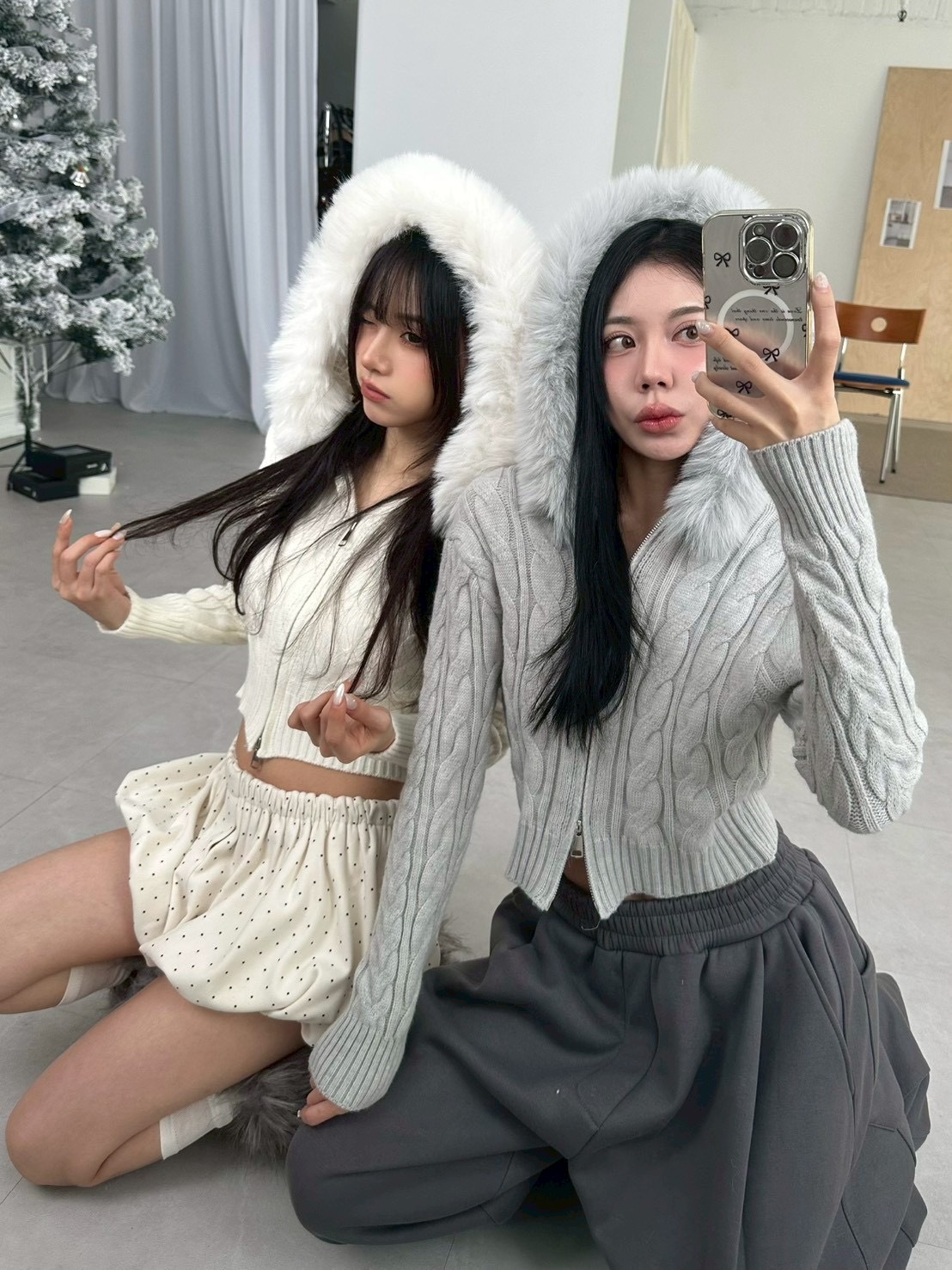 毛領麻花連帽拉鍊毛衣